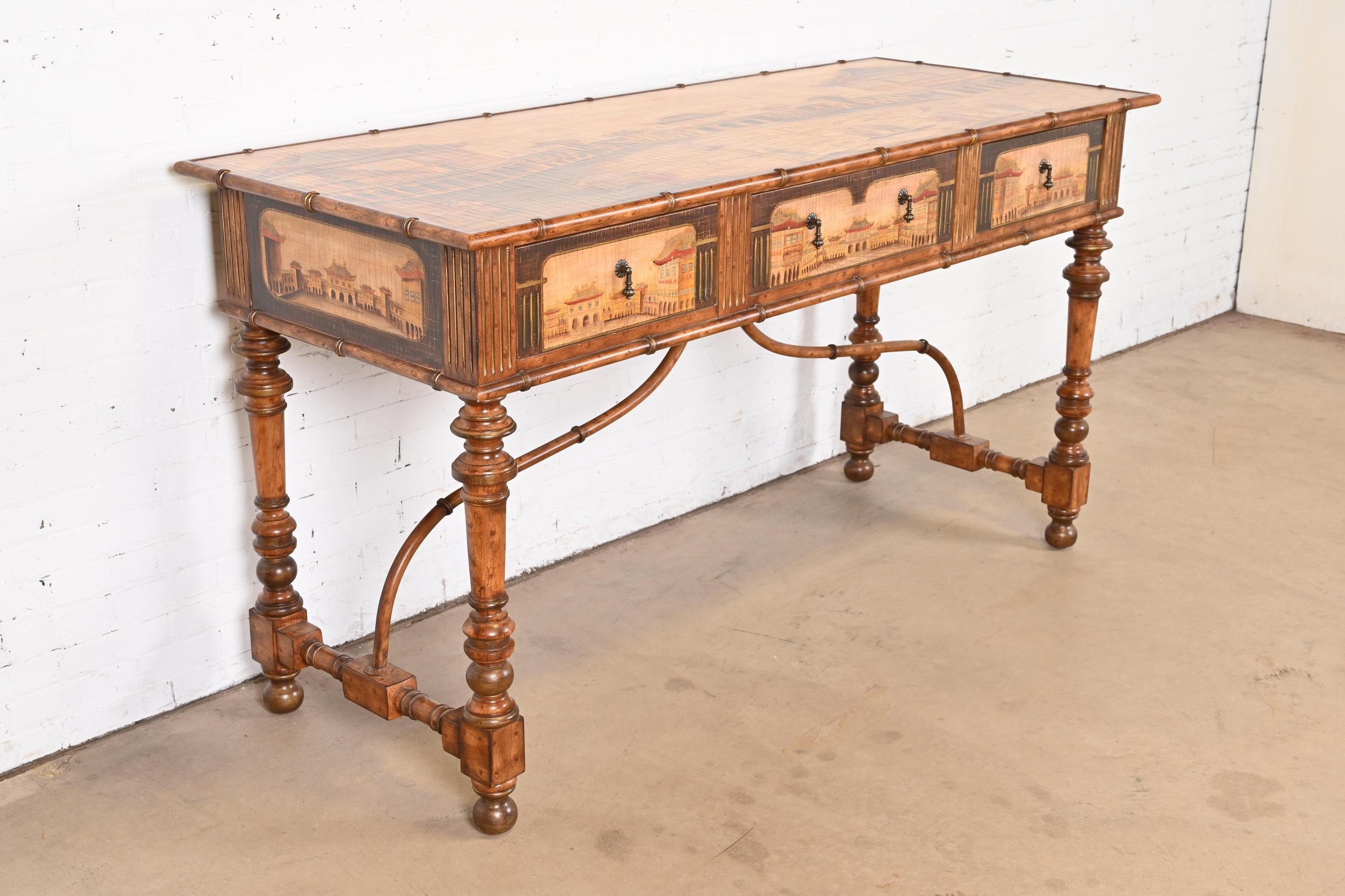 20th Century Chinoiserie Jacobean Hand Painted Sideboard Server, Bar Table, or Center Table For Sale