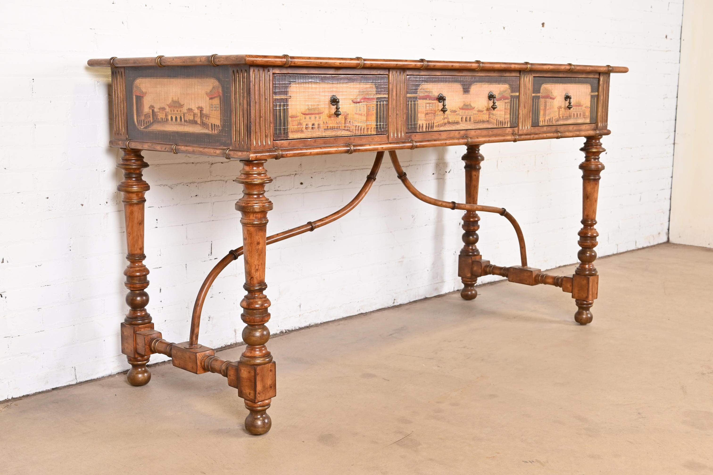 Brass Chinoiserie Jacobean Hand Painted Sideboard Server, Bar Table, or Center Table For Sale