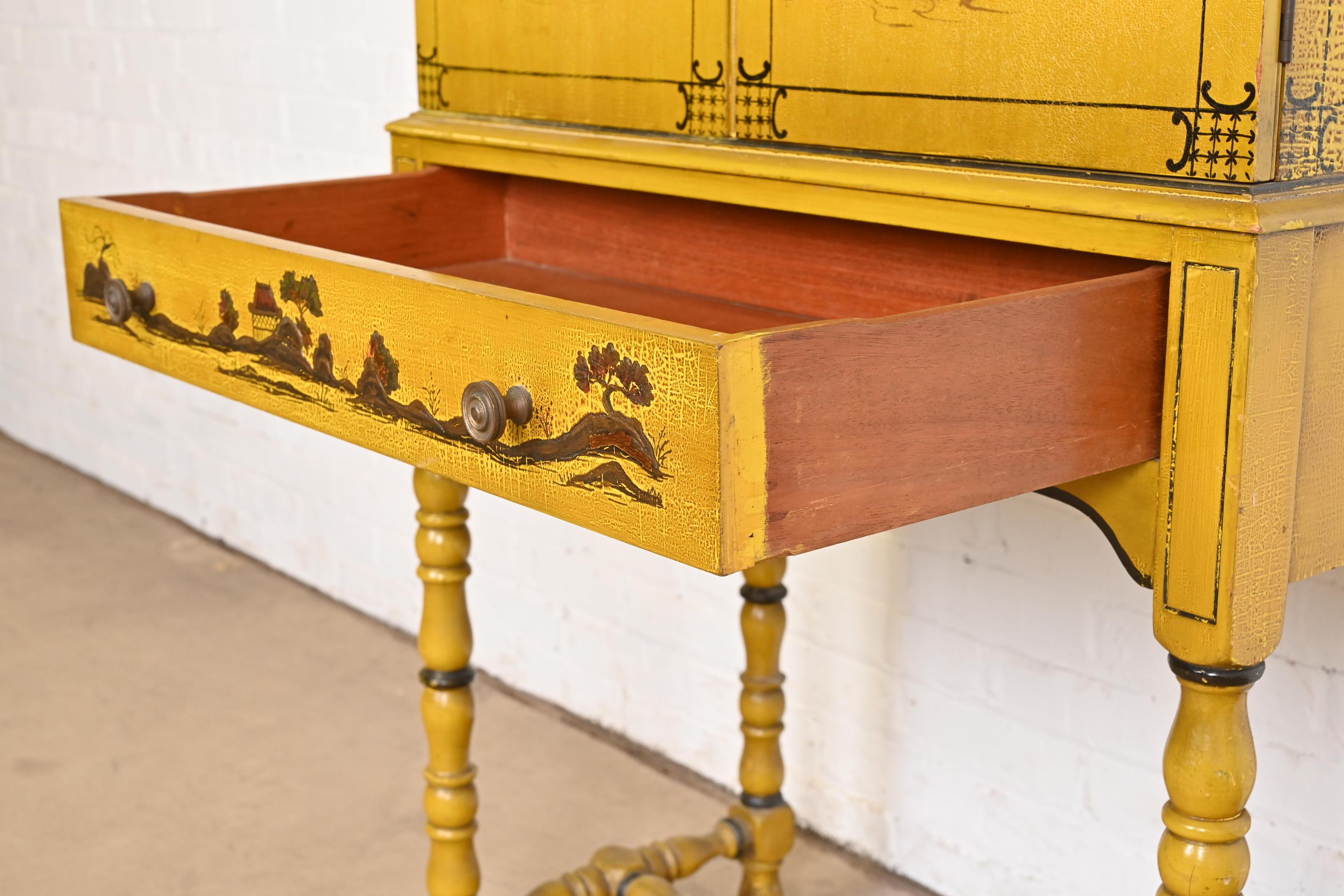 Chinoiserie Jacobean Yellow Lacquered Hand Painted Bookcase or Bar Cabinet 4