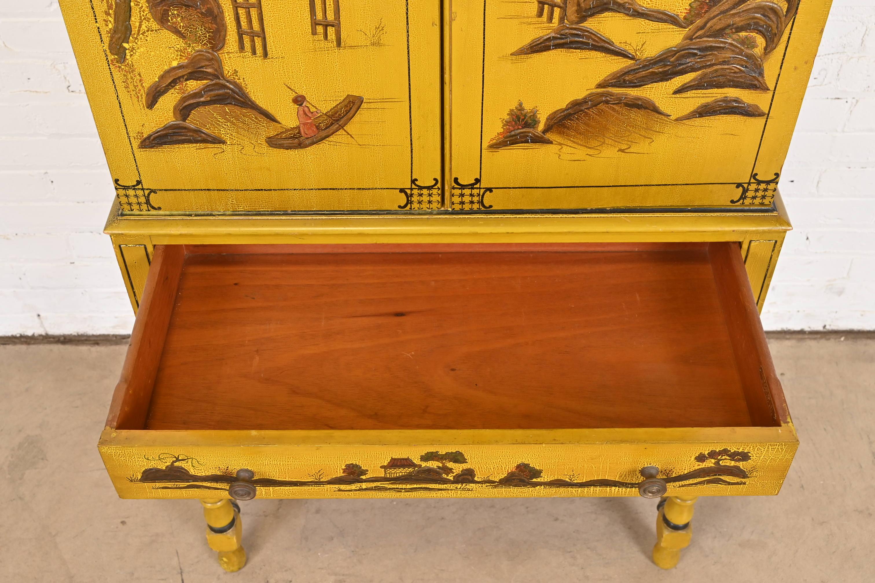 Chinoiserie Jacobean Yellow Lacquered Hand Painted Bookcase or Bar Cabinet 5