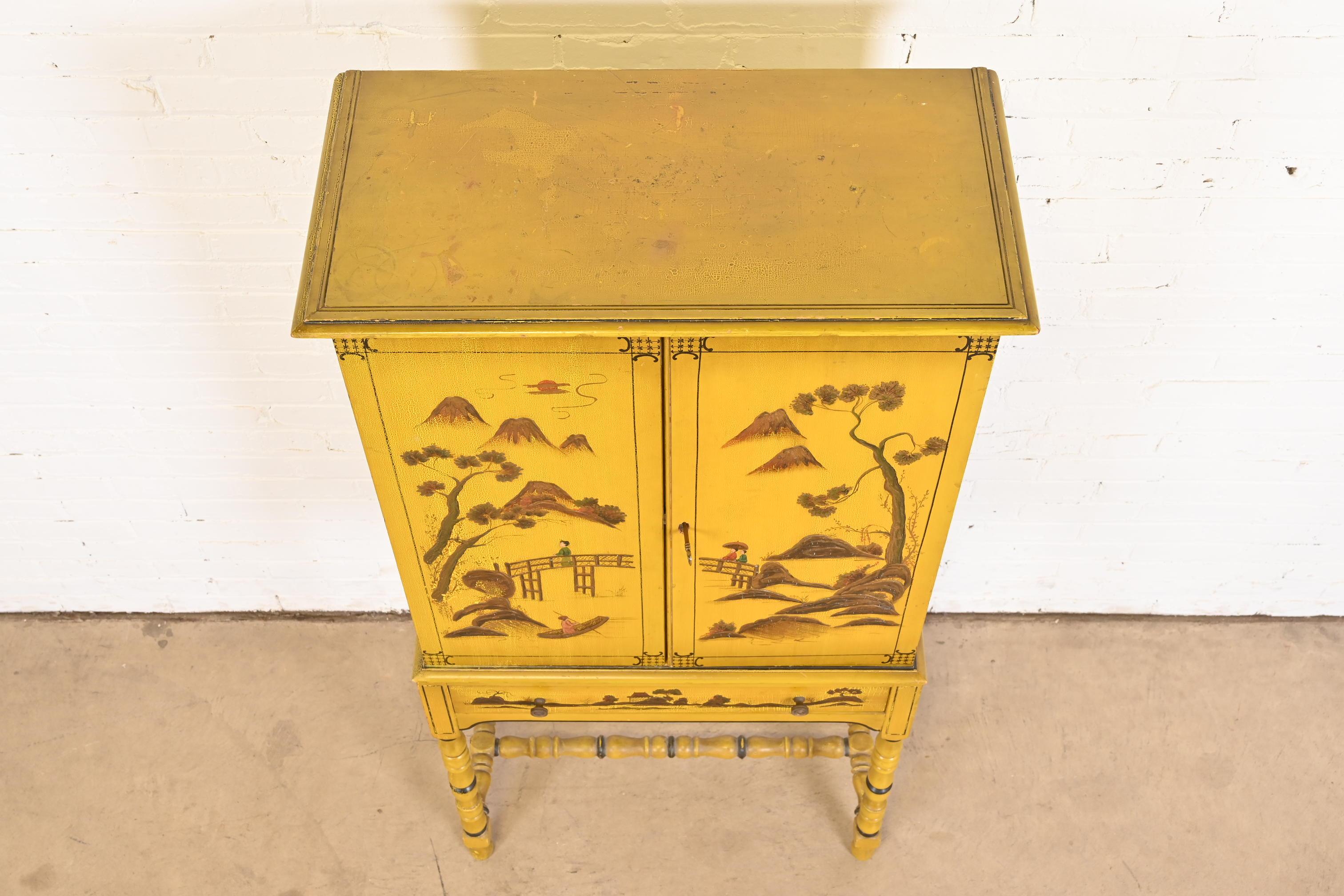 Chinoiserie Jacobean Yellow Lacquered Hand Painted Bookcase or Bar Cabinet 7
