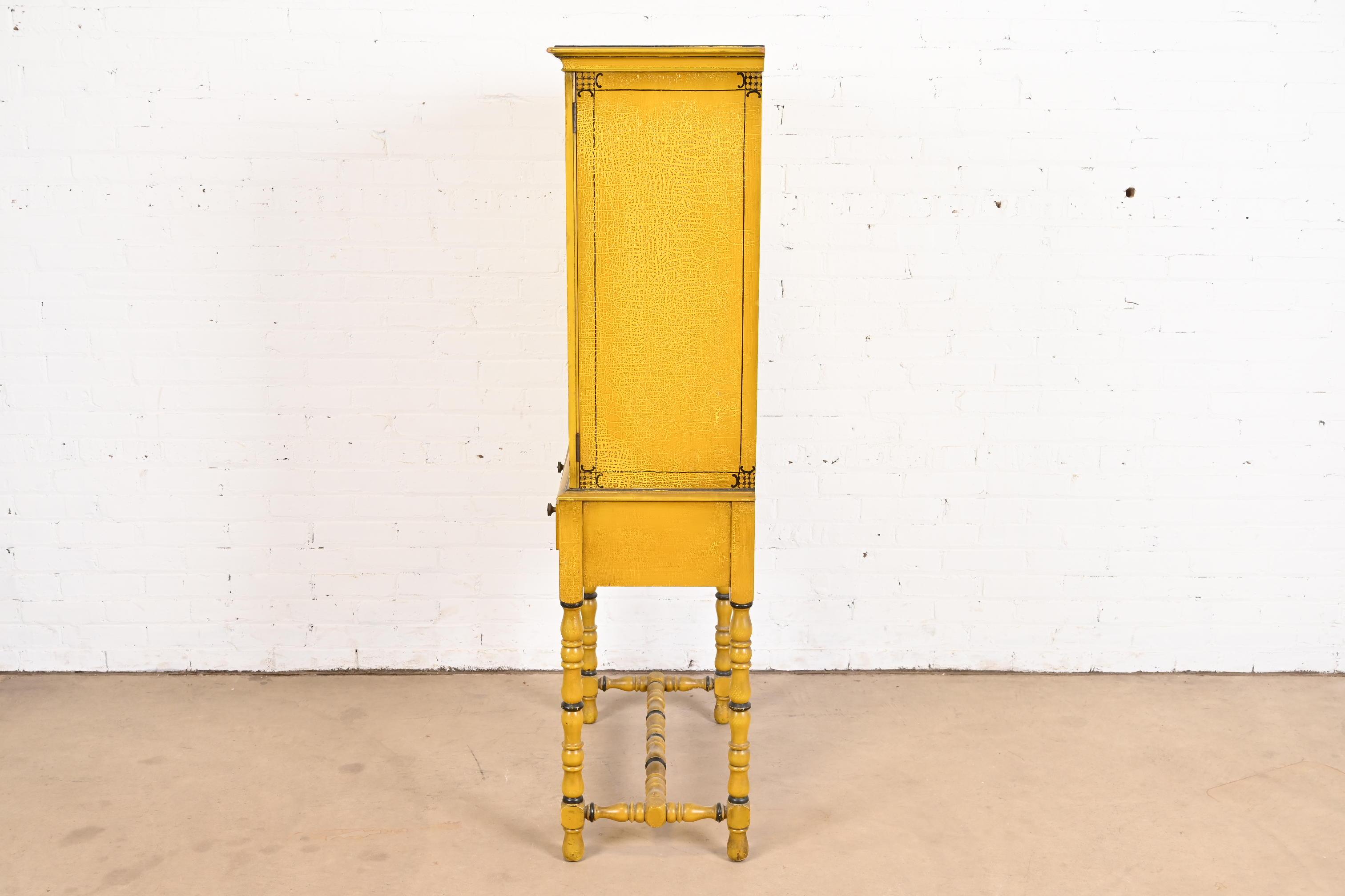 Chinoiserie Jacobean Yellow Lacquered Hand Painted Bookcase or Bar Cabinet 8