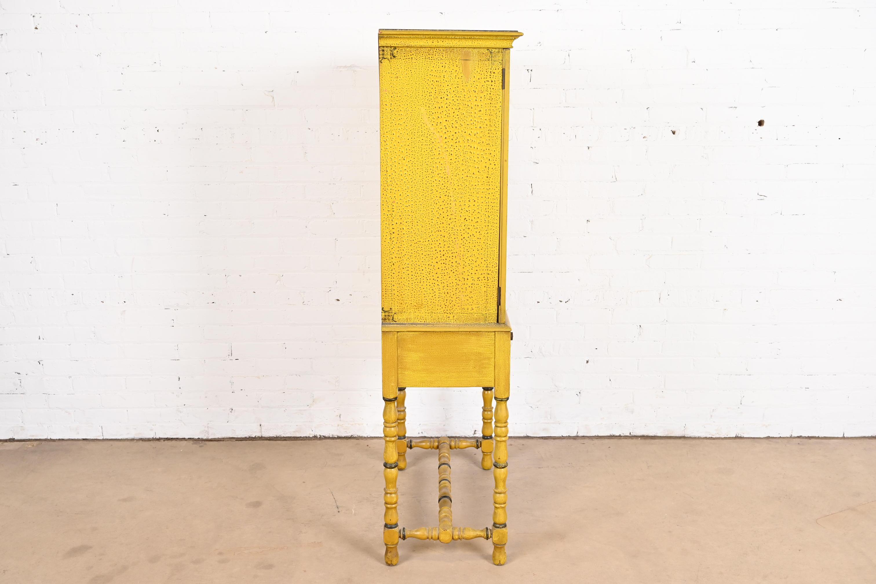 Chinoiserie Jacobean Yellow Lacquered Hand Painted Bookcase or Bar Cabinet 9