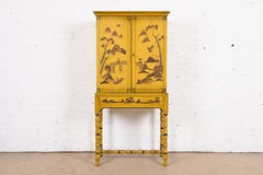 Chinoiserie Jacobean Yellow Lacquered Hand Painted Bookcase or Bar Cabinet