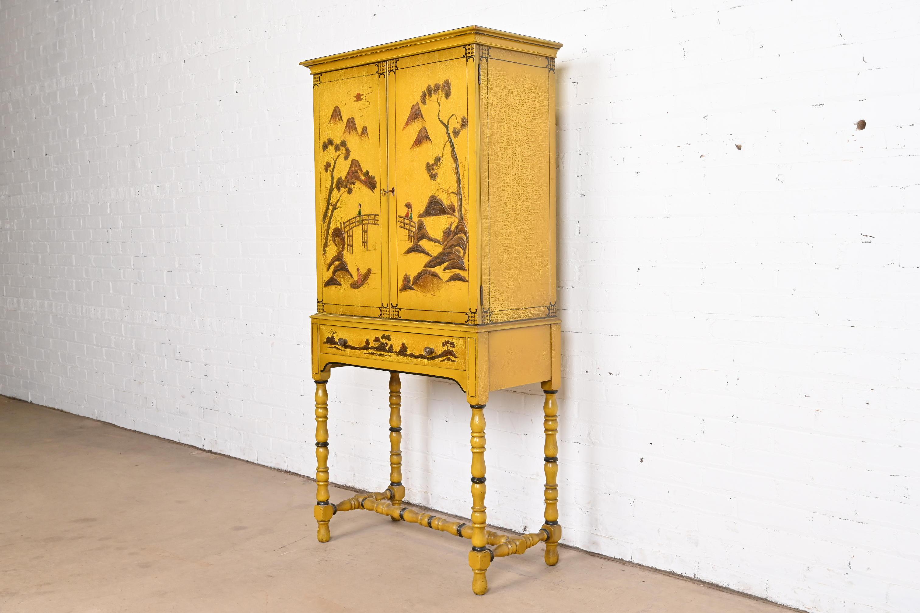 American Chinoiserie Jacobean Yellow Lacquered Hand Painted Bookcase or Bar Cabinet