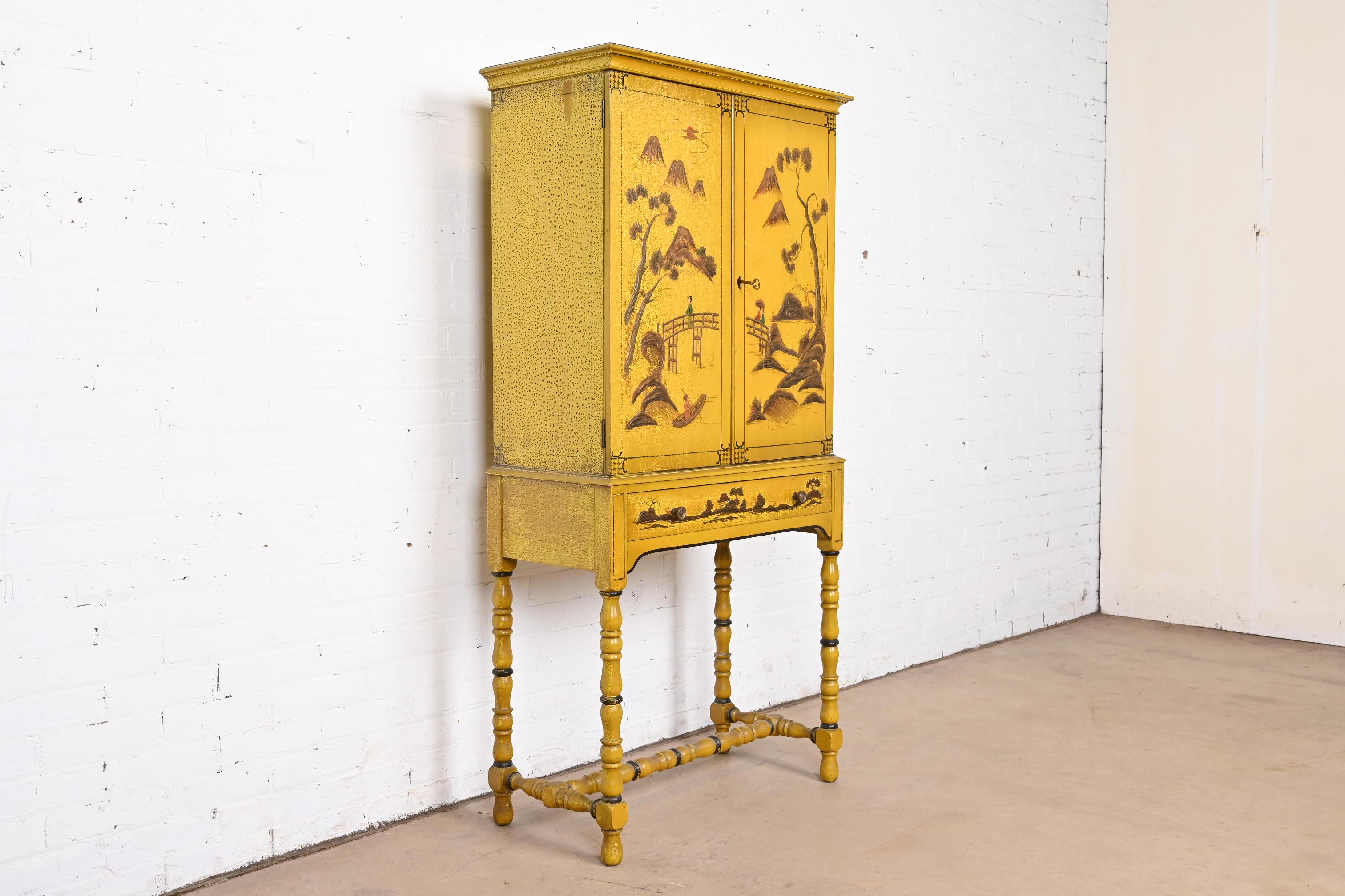 Chinoiserie Jacobean Yellow Lacquered Hand Painted Bookcase or Bar Cabinet In Good Condition In South Bend, IN