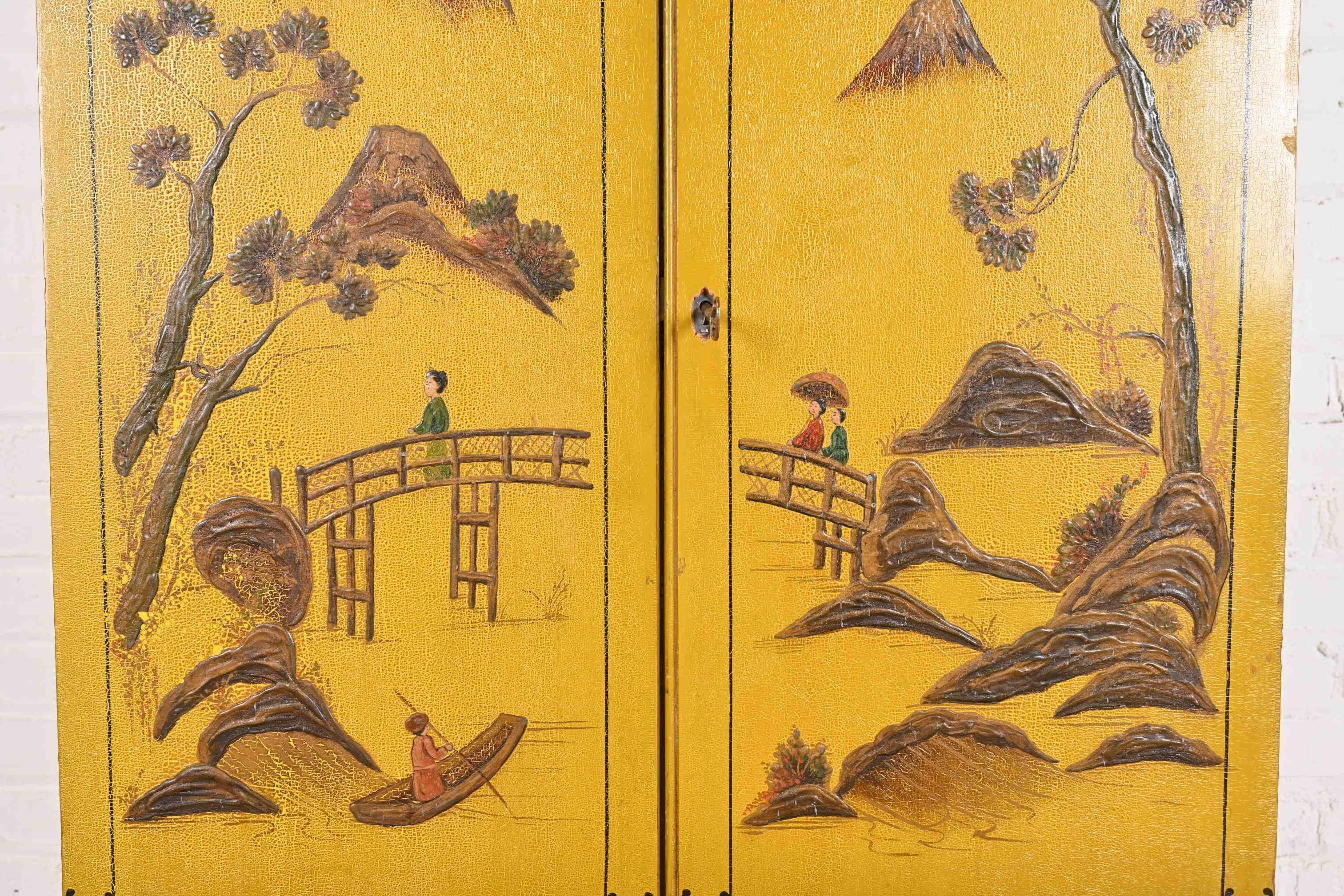 Early 20th Century Chinoiserie Jacobean Yellow Lacquered Hand Painted Bookcase or Bar Cabinet