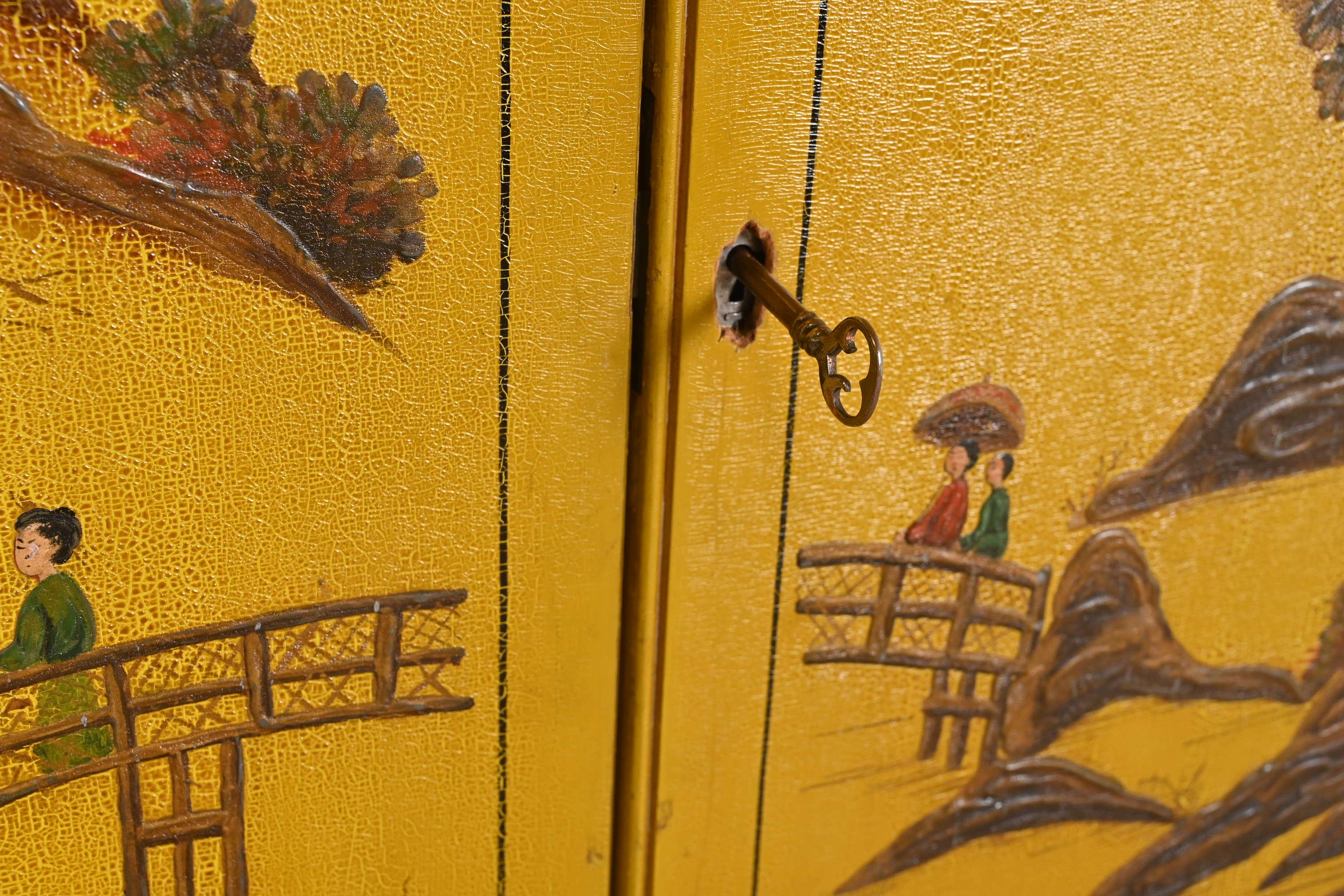 Brass Chinoiserie Jacobean Yellow Lacquered Hand Painted Bookcase or Bar Cabinet