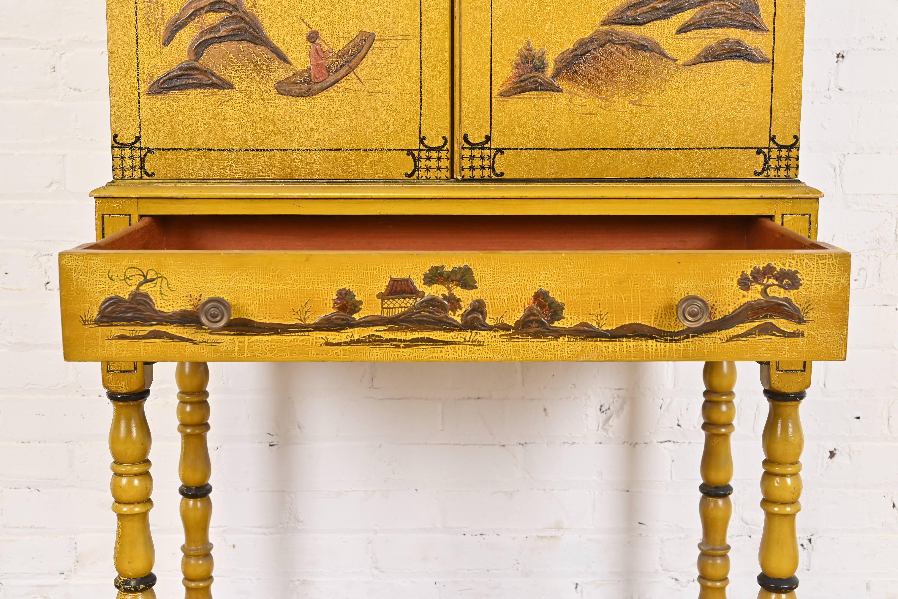 Chinoiserie Jacobean Yellow Lacquered Hand Painted Bookcase or Bar Cabinet 2