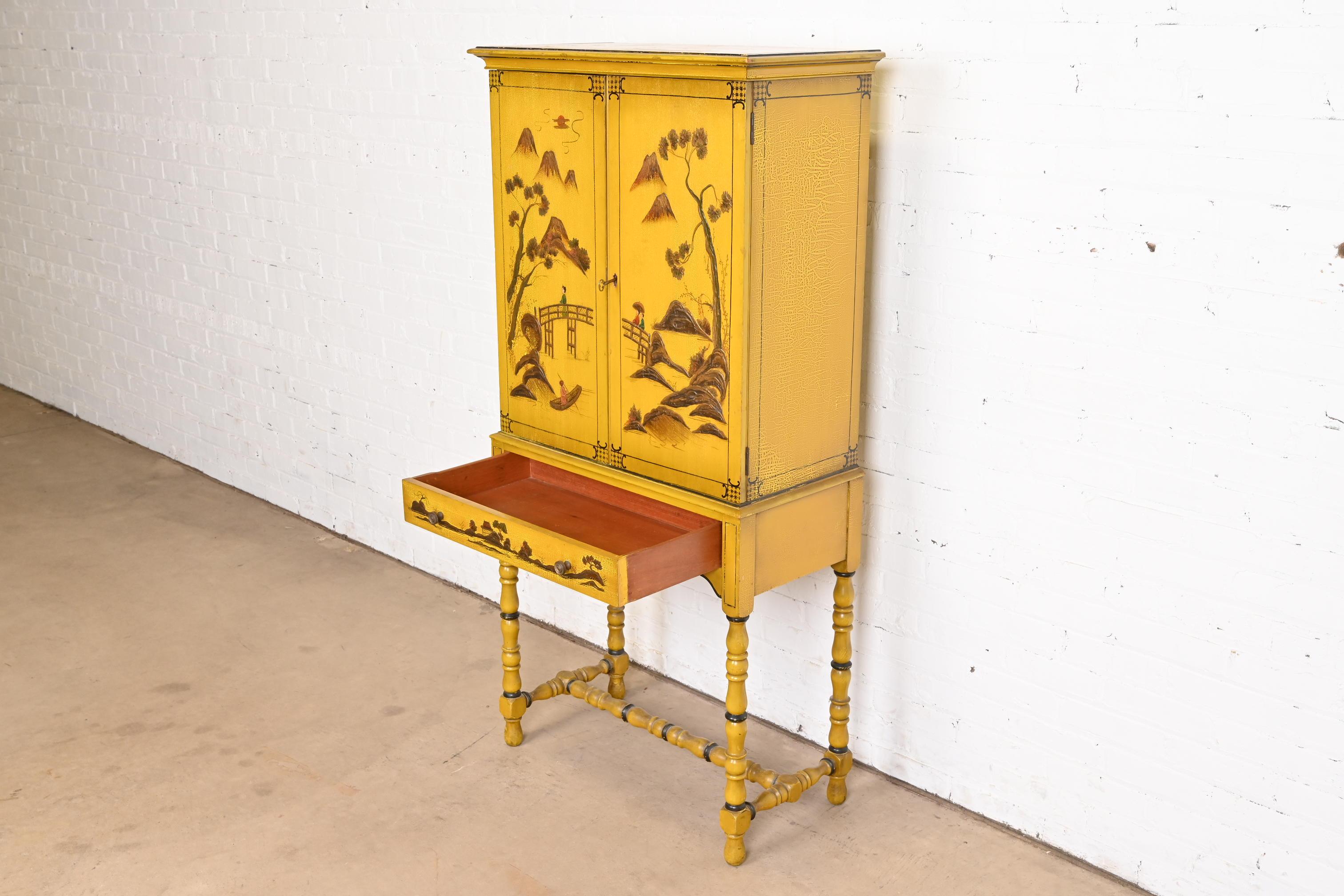 Chinoiserie Jacobean Yellow Lacquered Hand Painted Bookcase or Bar Cabinet 3