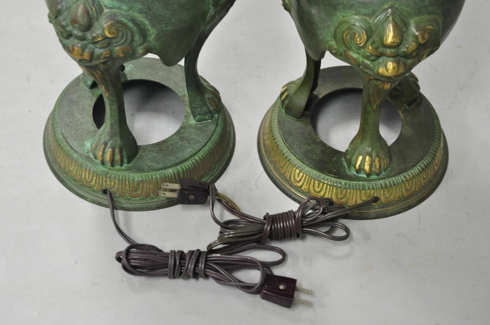 Chinoiserie James Mont Style Green Bronze Chinese Foo Dog Table Lamps - a Pair For Sale 5