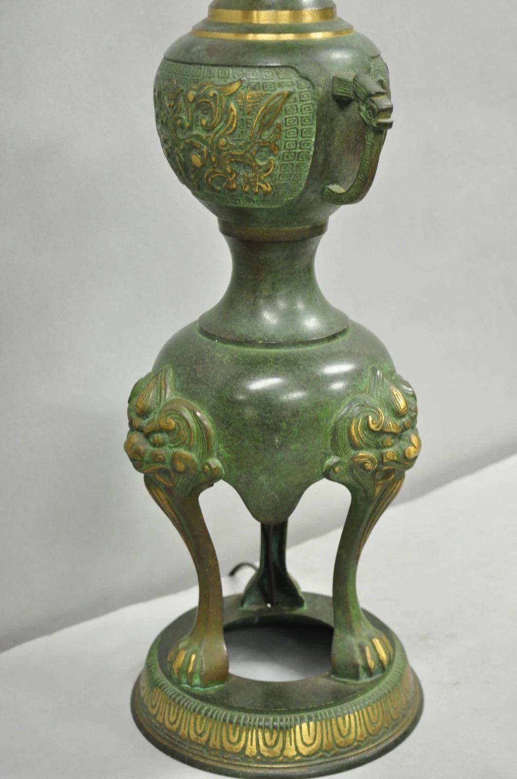 Chinoiserie James Mont Style Green Bronze Chinese Foo Dog Table Lamps - a Pair For Sale 8