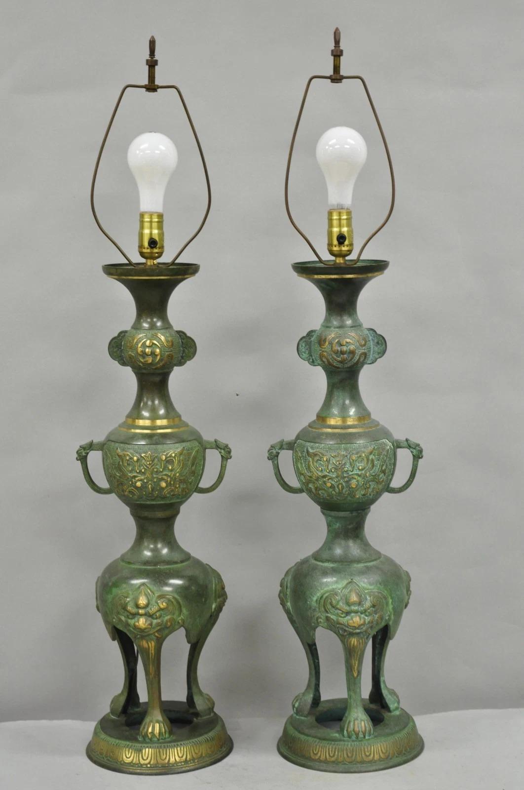 Chinoiserie James Mont Style Green Bronze Chinese Foo Dog Table Lamps - a Pair For Sale 9