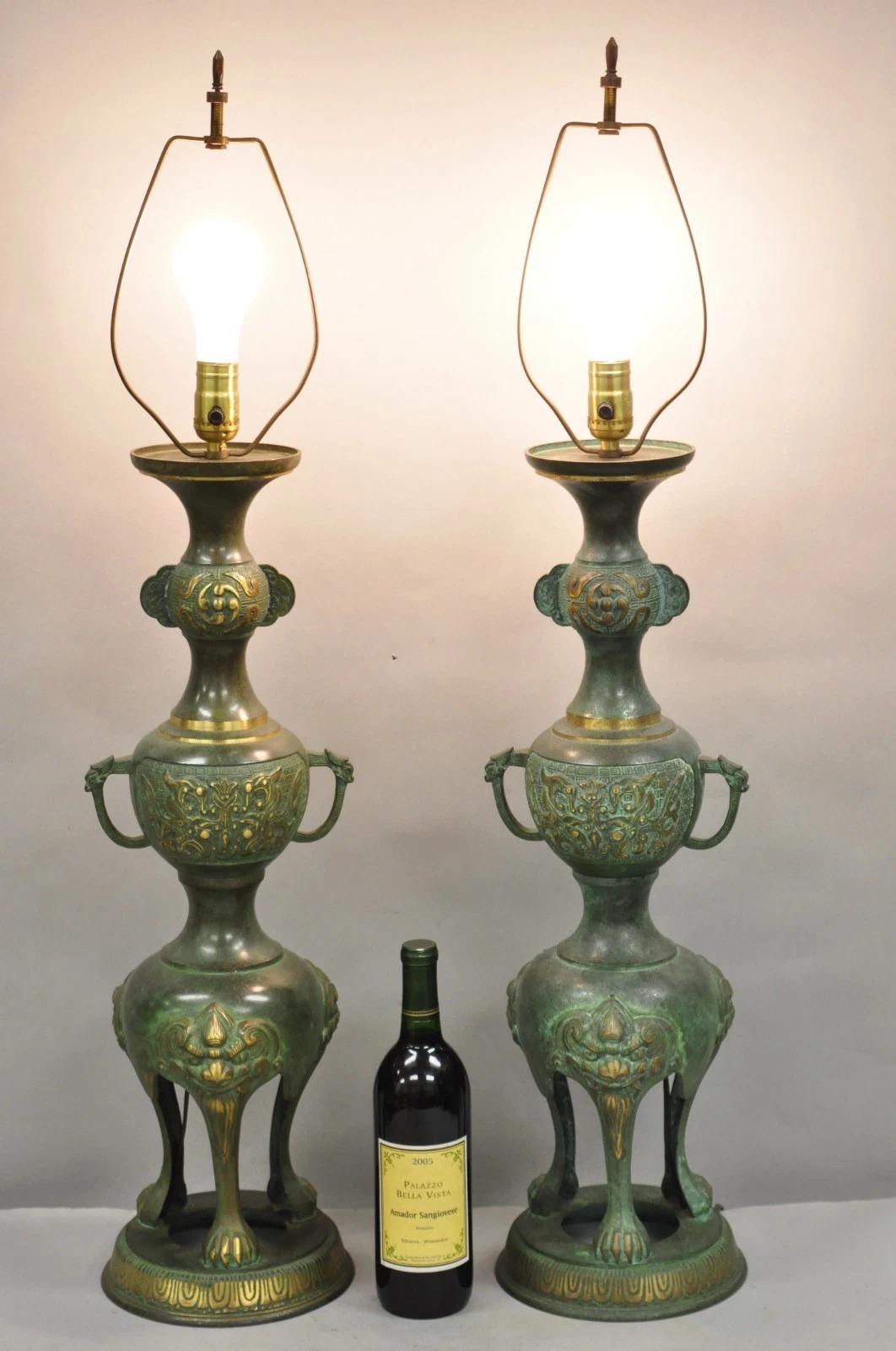  Vintage Chinoiserie James Mont Style Bronze Verdigris Chinese Foo Dog Figural Table Lamps (slight variance to finish) - a Pair. Circa Early 20th Century. Measurements: 38
