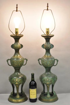 Chinoiserie James Mont Style Green Bronze Chinese Foo Dog Table Lamps - a Pair