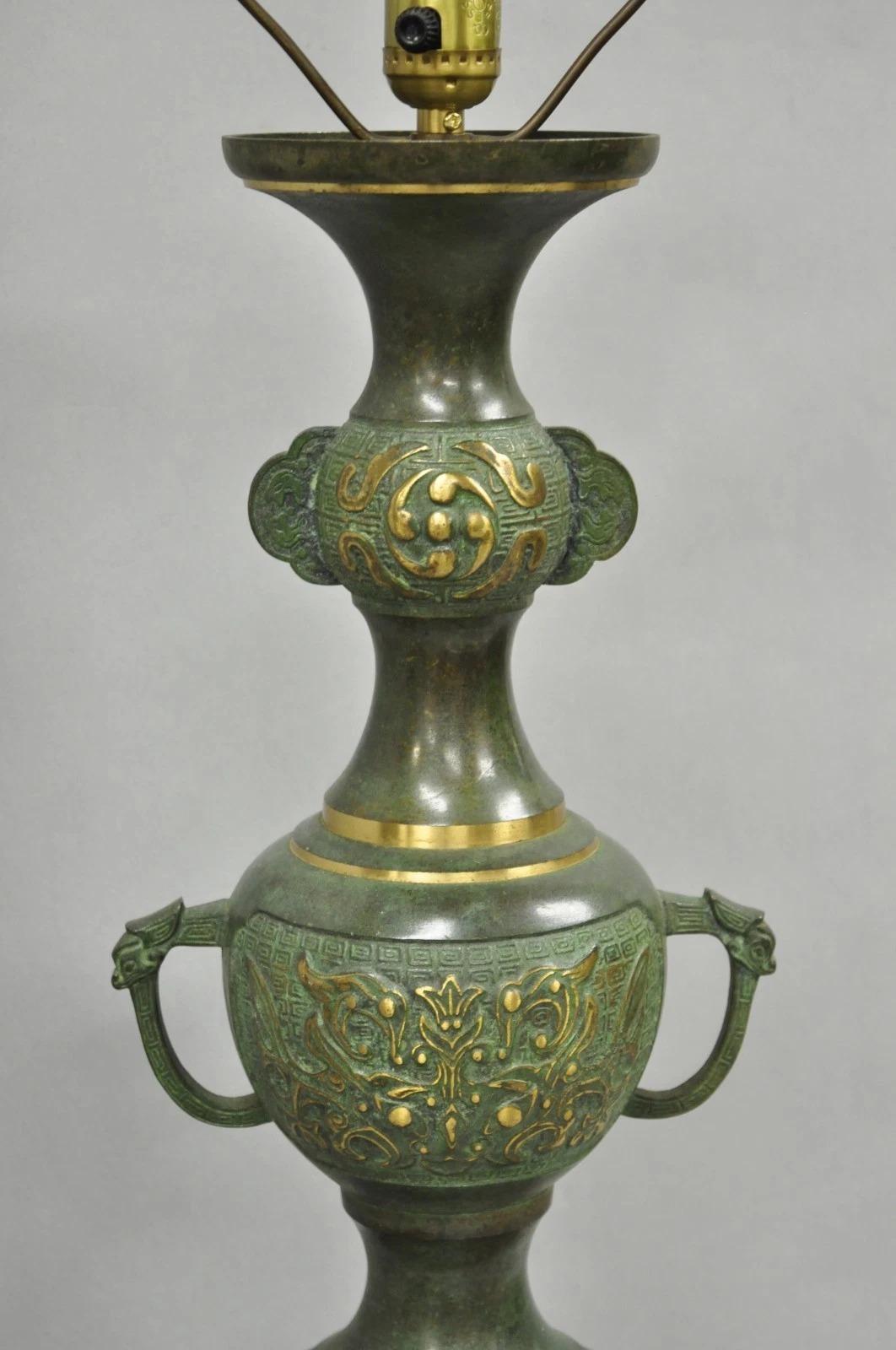 Unknown Chinoiserie James Mont Style Green Bronze Chinese Foo Dog Table Lamps - a Pair For Sale