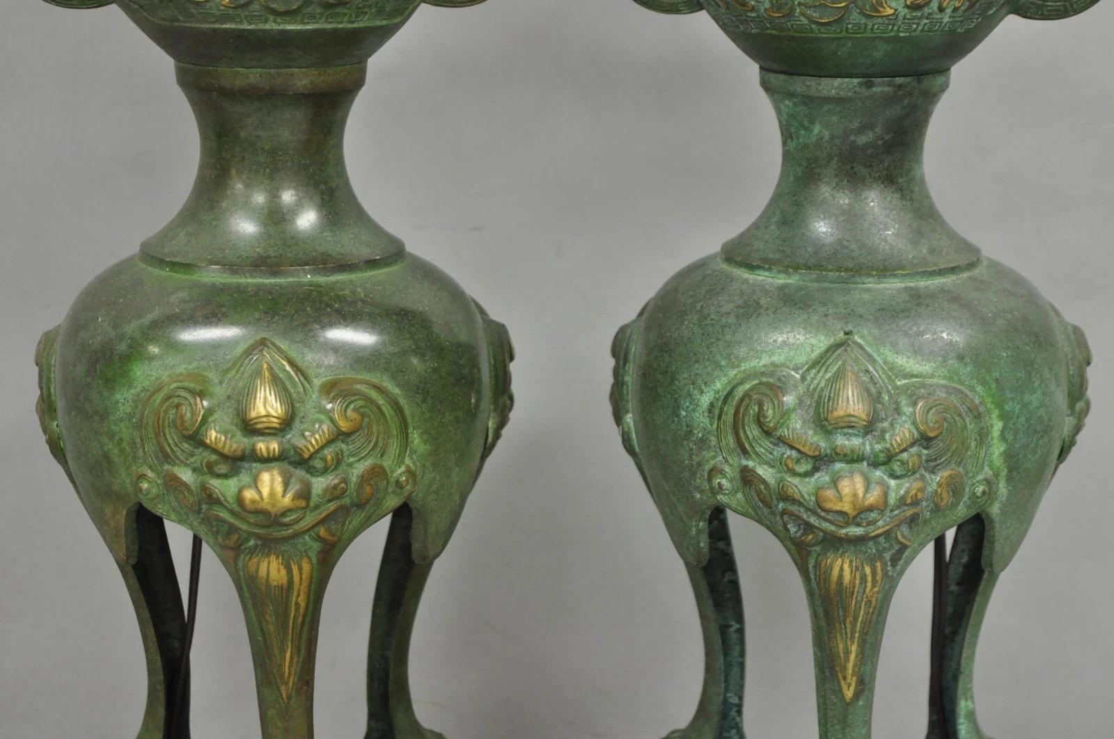 20th Century Chinoiserie James Mont Style Green Bronze Chinese Foo Dog Table Lamps - a Pair For Sale
