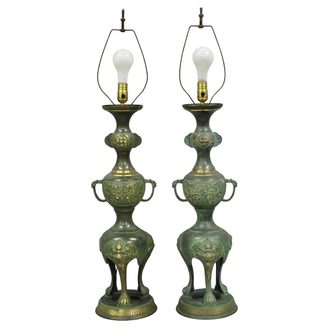 Chinoiserie James Mont Style Green Bronze Chinese Foo Dog Table Lamps - a Pair