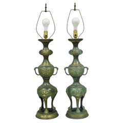 Chinoiserie James Mont Style Green Bronze Chinese Foo Dog Table Lamps - a Pair