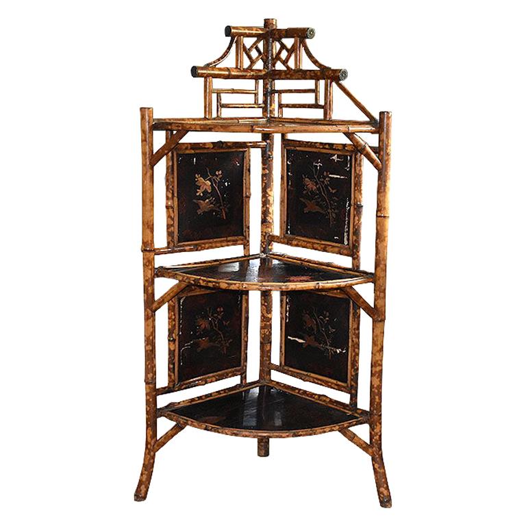 Chinoiserie Japanned English Pagoda Bamboo Standing Corner Shelf or Etagere For Sale