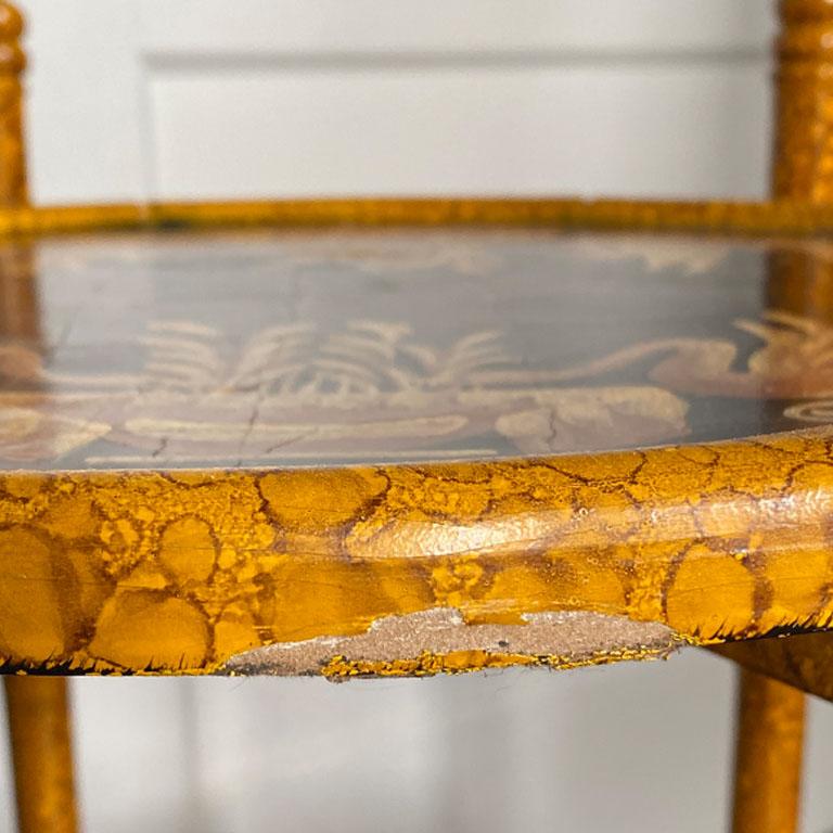 Chinoiserie Japanned Faux Tortoise Burnt Bamboo Drink Tray Table with Bird Motif 3