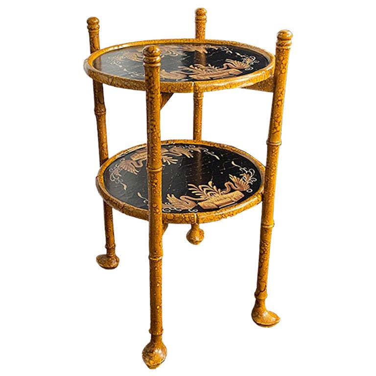 Chinoiserie Japanned Faux Tortoise Burnt Bamboo Drink Tray Table with Bird Motif