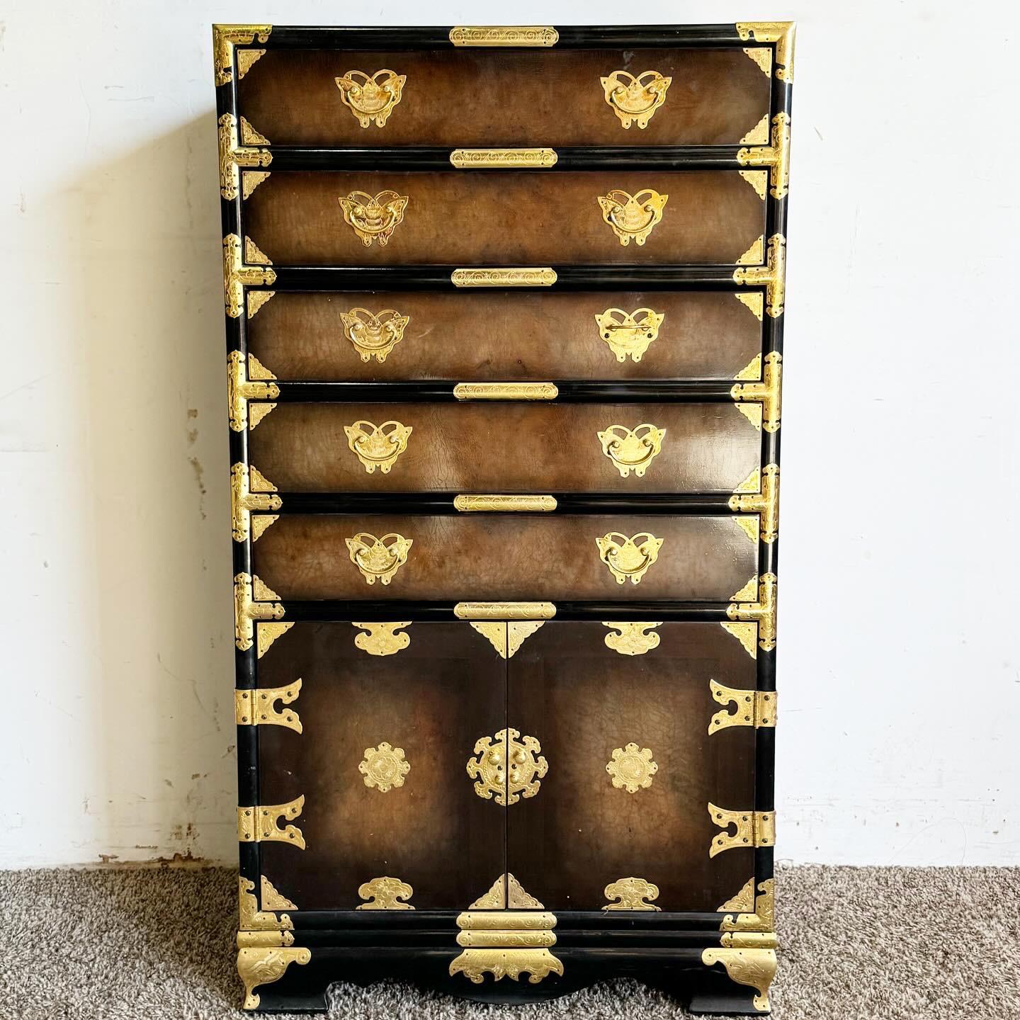 Metal Chinoiserie Jewelry Armoire With Gold Accents 5 Drawers For Sale