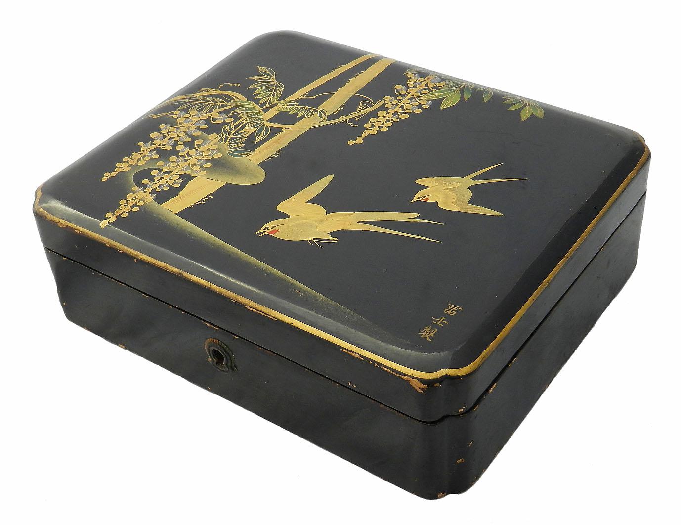 Aesthetic Movement Chinoiserie Jewelry Box Aesthetic Lacquered Swallows Signed, Early 20th Century