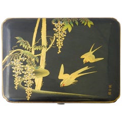 Chinoiserie Jewelry Box Aesthetic Lacquered Swallows Signed, Early 20th Century