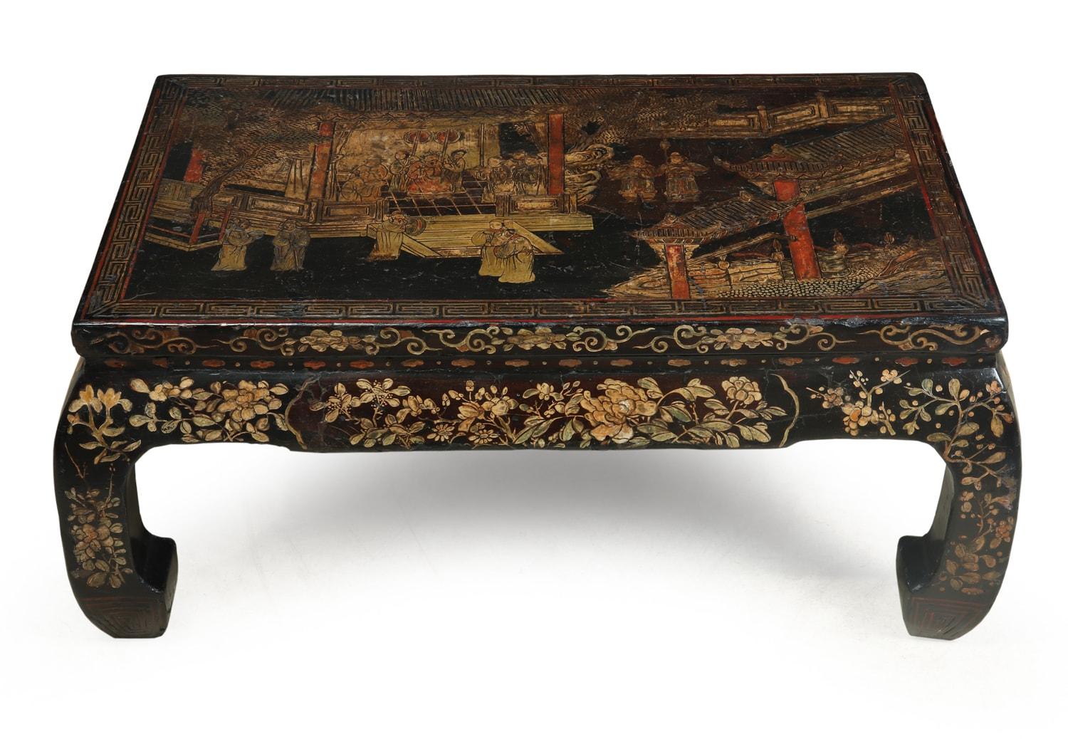 Chinoiserie Kang table, late 17th century
A very early chinoiserie Kang table with scenes on the top from the Tang period from the 6th century, around the freeze and legs there are cherry blossom and floral design, the table has had restoration