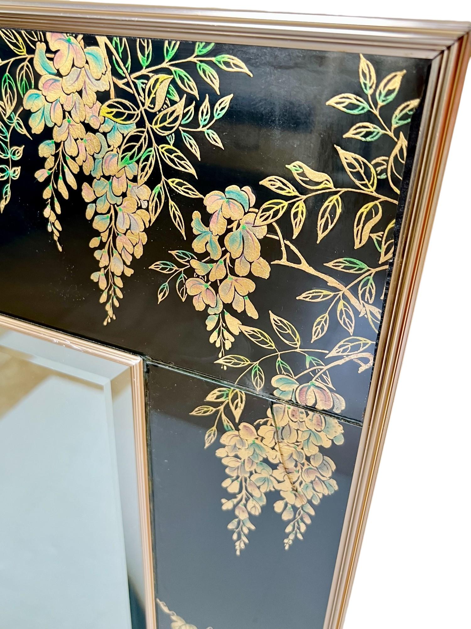 Chinoiserie LaBarge Verre Églomisé Black and Gold Mirror, 1986 For Sale 3