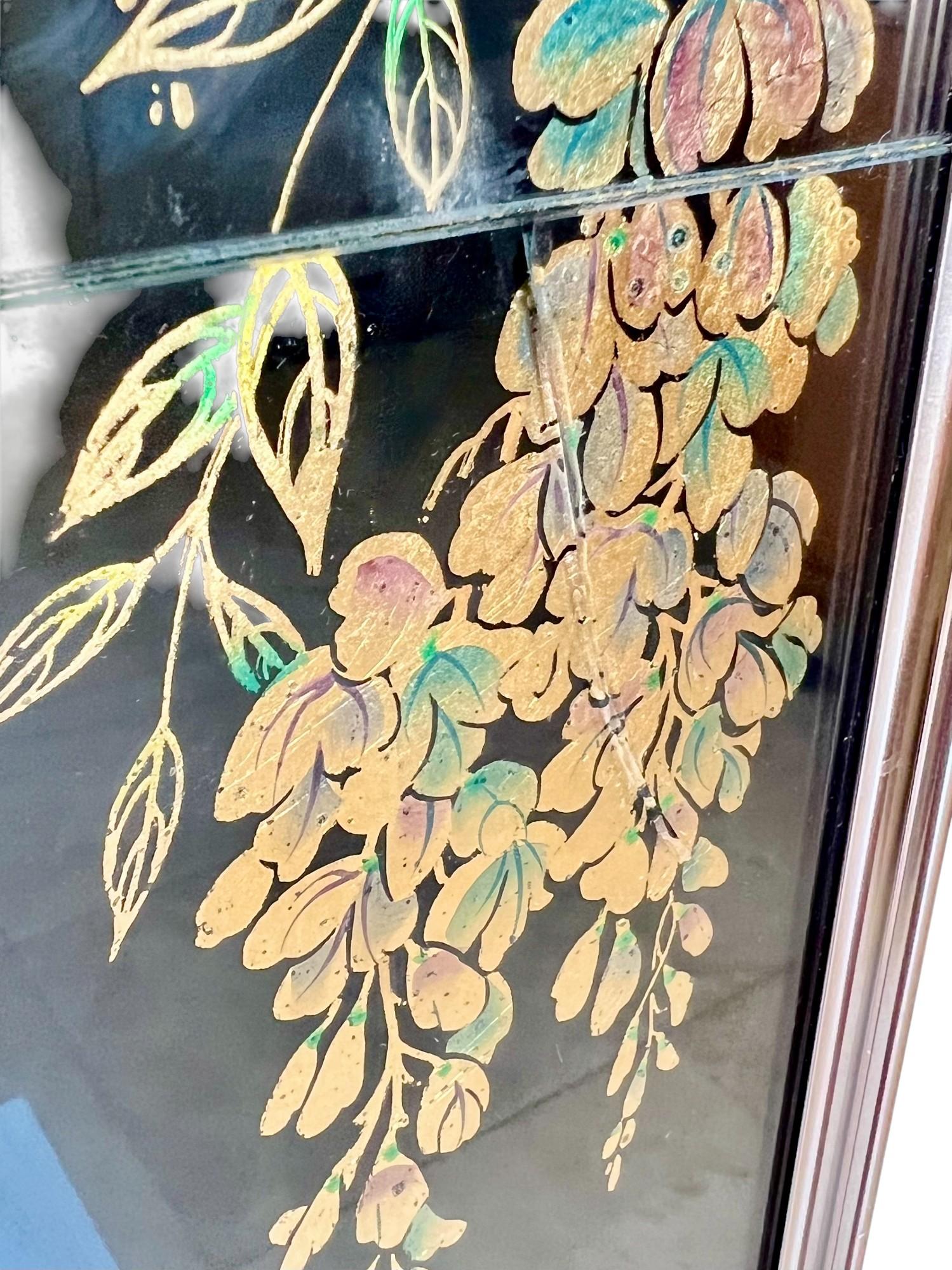 Chinoiserie LaBarge Verre Églomisé Black and Gold Mirror, 1986 For Sale 4