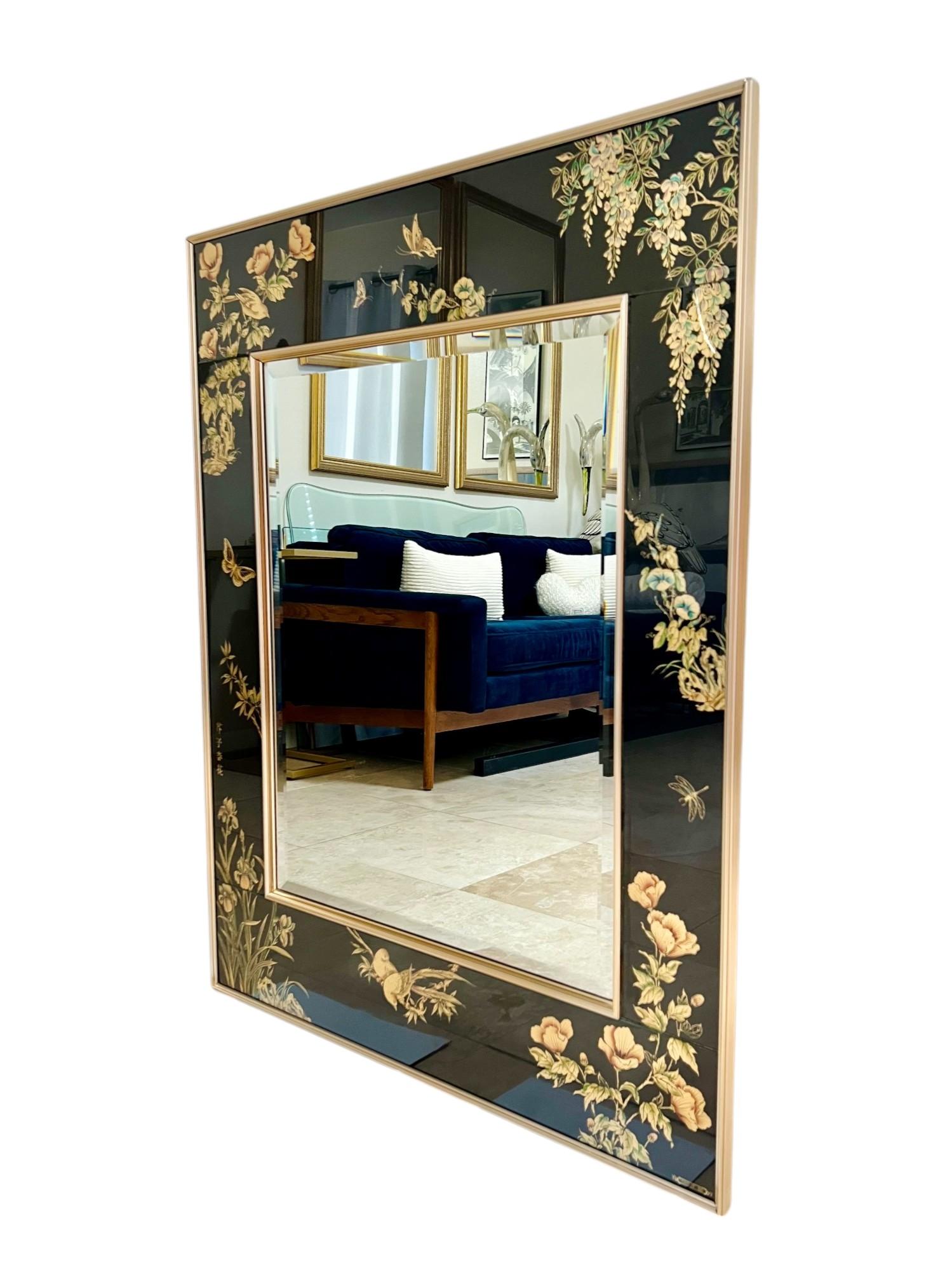 American Chinoiserie LaBarge Verre Églomisé Black and Gold Mirror, 1986 For Sale