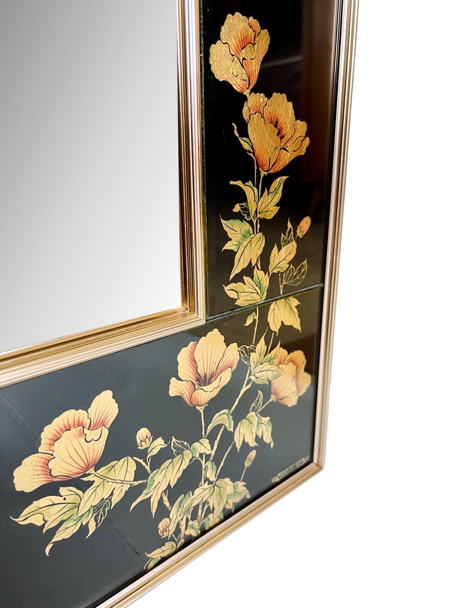 Metal Chinoiserie LaBarge Verre Églomisé Black and Gold Mirror, 1986 For Sale