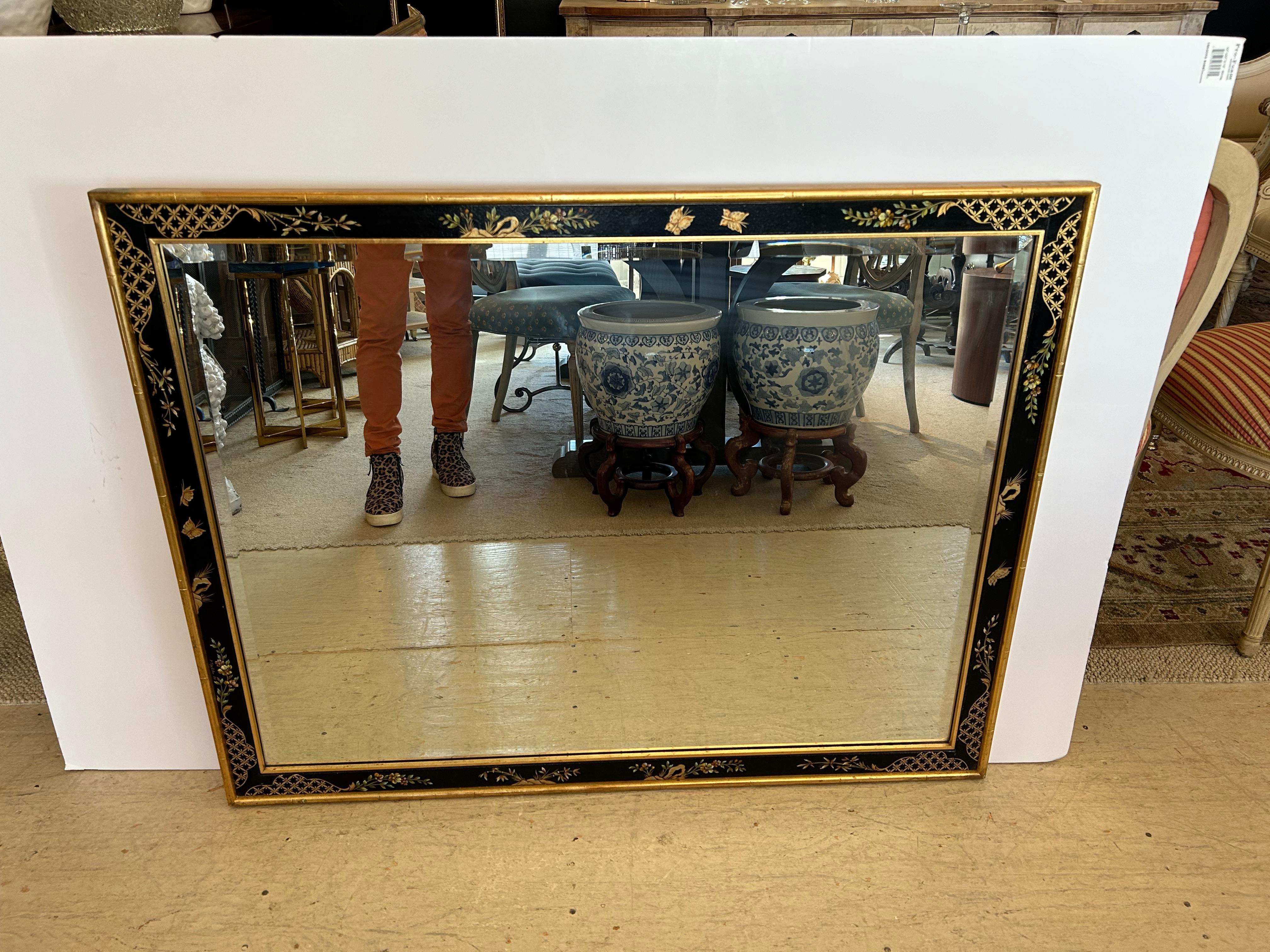 Always elegant chinoiserie style large handpainted mirror by LaBarge.