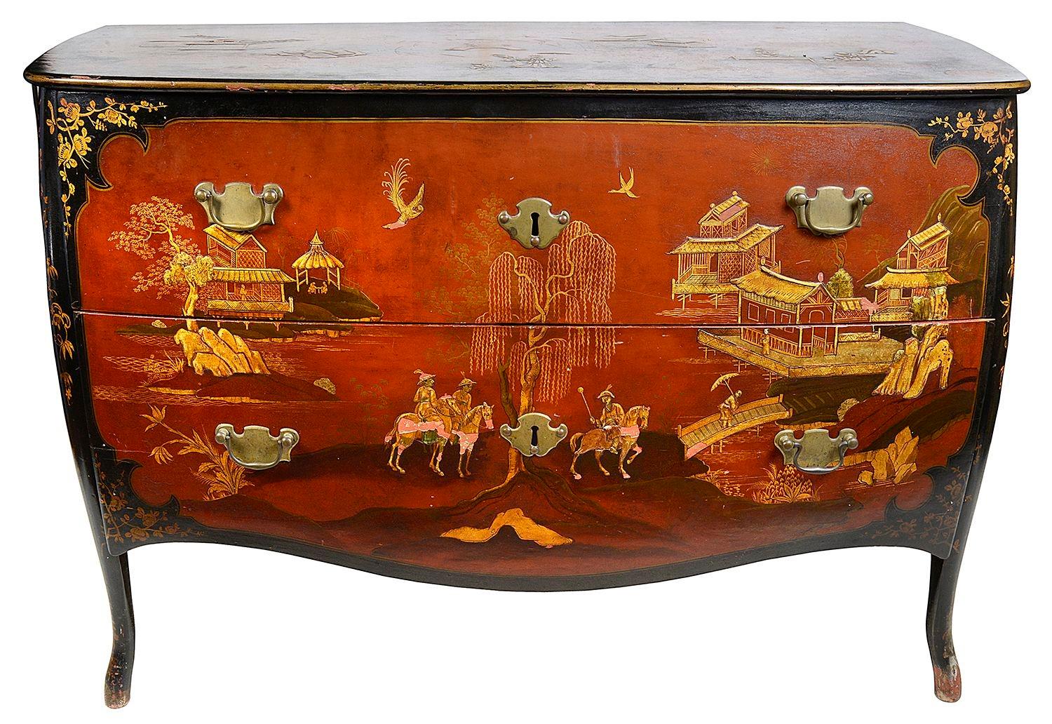 A very decorative and imposing early 18th Century Venetian, Red Chinoiserie lacquer bombe commode.
Having ebonized boarders with gilded scrolling foliate decoration surrounding inset red lacquer panels depicting classical oriental scenes of pagoda