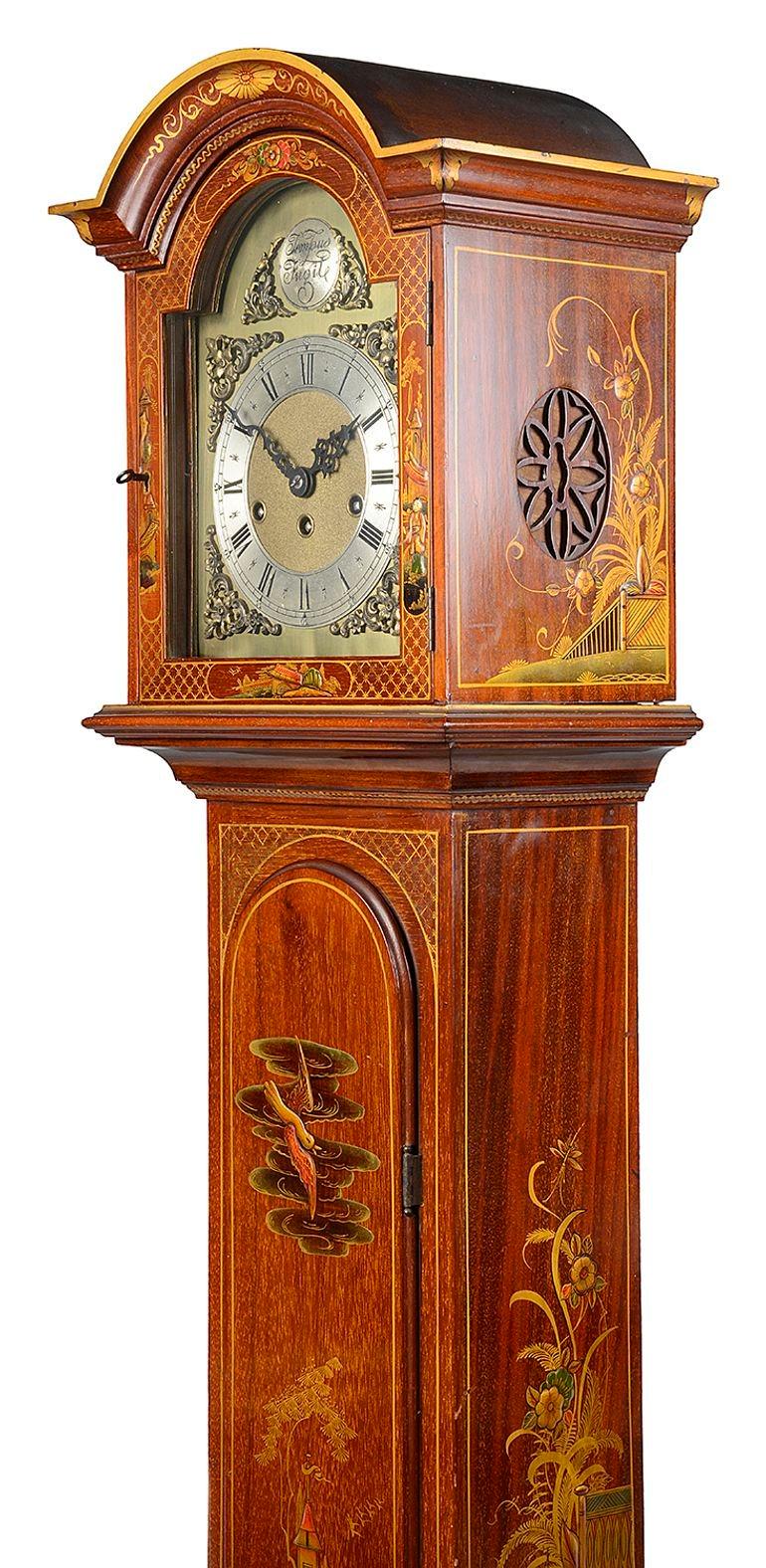 Hand-Painted Chinoiserie lacquer Grandmother clock, circa 1920 For Sale