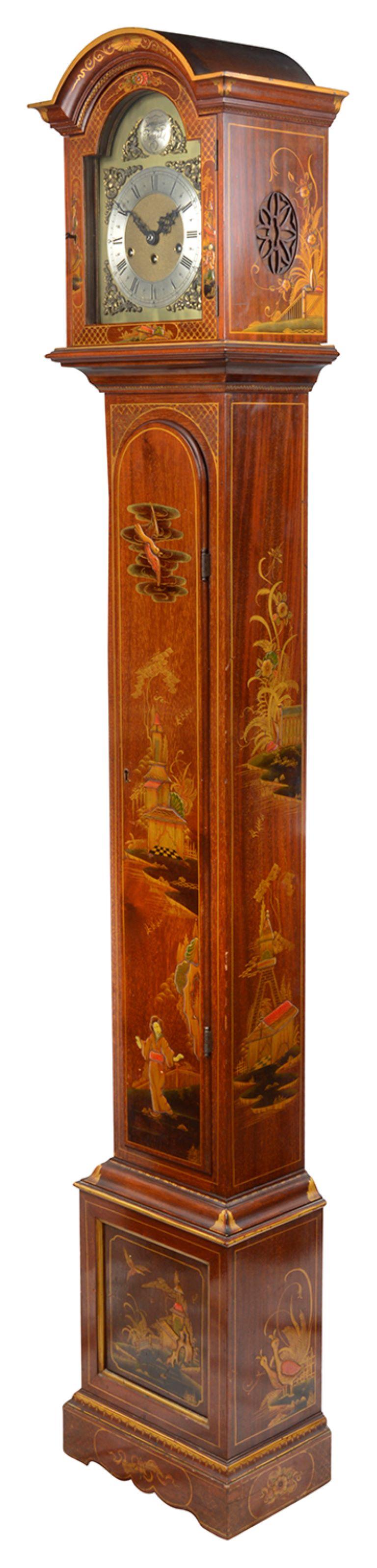 English Chinoiserie lacquer Grandmother clock, circa 1920 For Sale