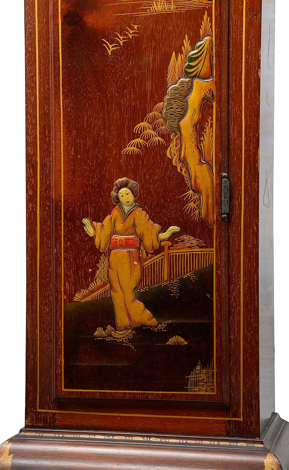 Mahogany Chinoiserie lacquer Grandmother clock, circa 1920 For Sale