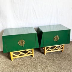 Chinoiserie Lacquer Laminate Rattan Nightstands With Brass Accents - A Pair
