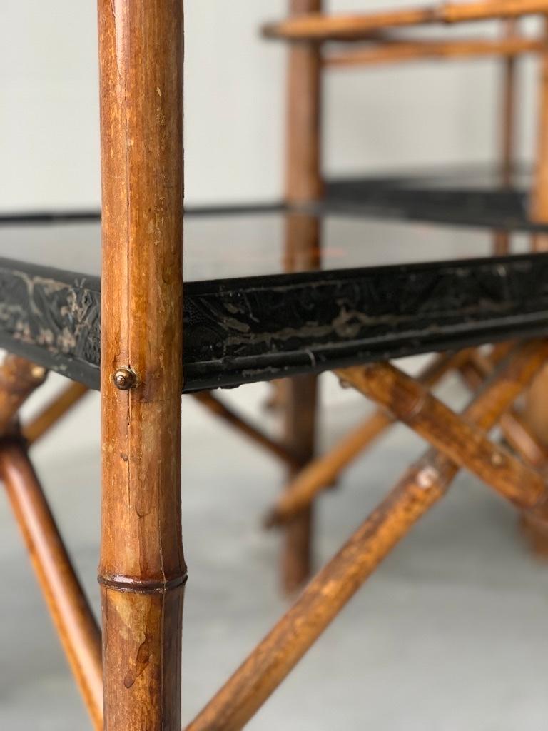 19th Century Set of 19th c Corner Chairs, Bamboo Frame, Black Lacquer Seat  For Sale