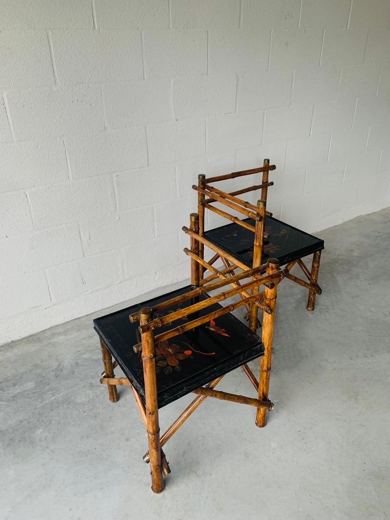 Set of 19th c Corner Chairs, Bamboo Frame, Black Lacquer Seat  For Sale 2