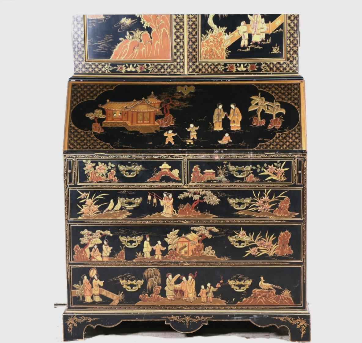 Cineserie Libreria secretaire in lacca Chinoiserie in vendita