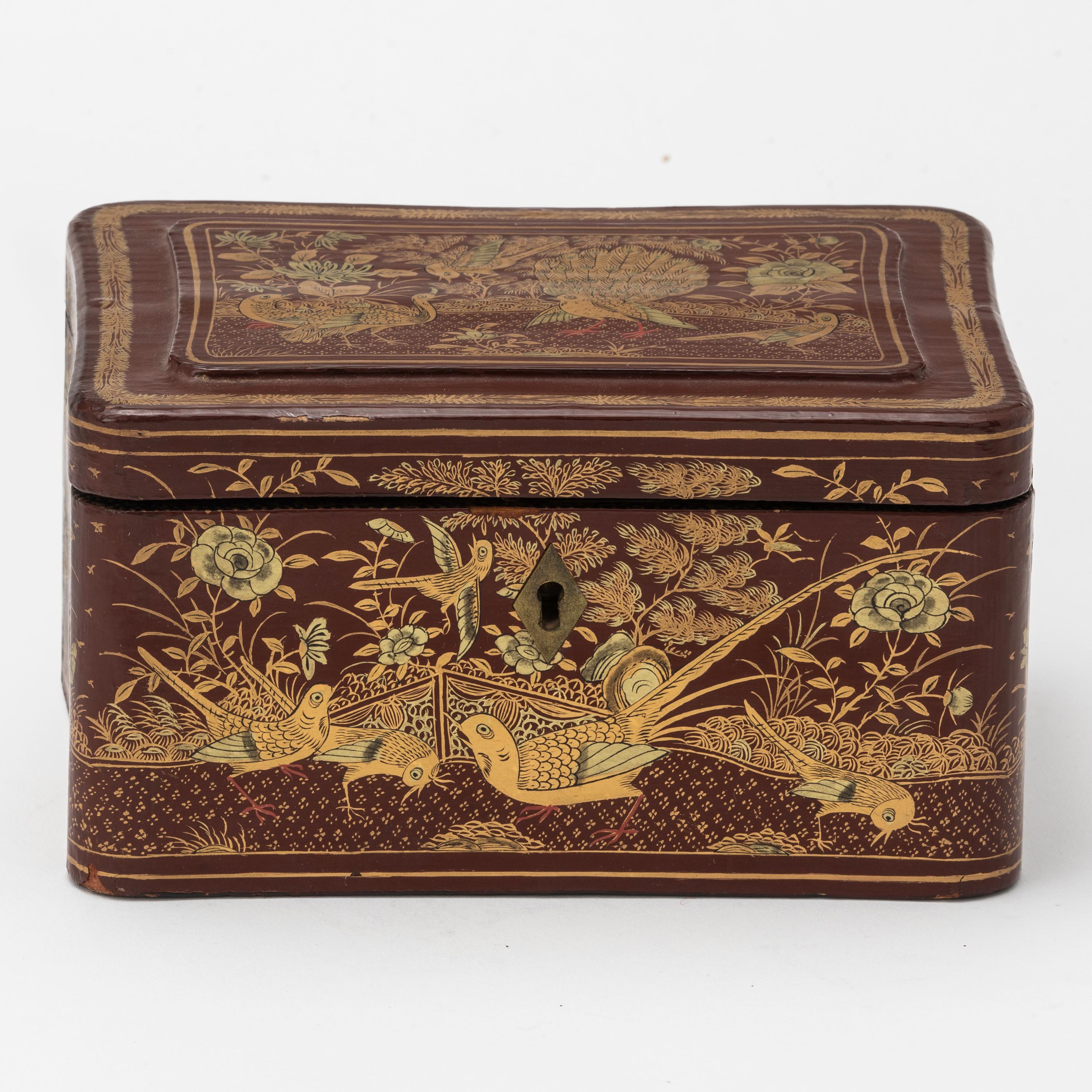 19th century lovely red lacquer tea caddy box. Hand painted in gilt chinoiserie of peacocks and birds on all sides of the box. Original liner with lid, and lock. But no key. Some loss of lacquer on edges with age and use.