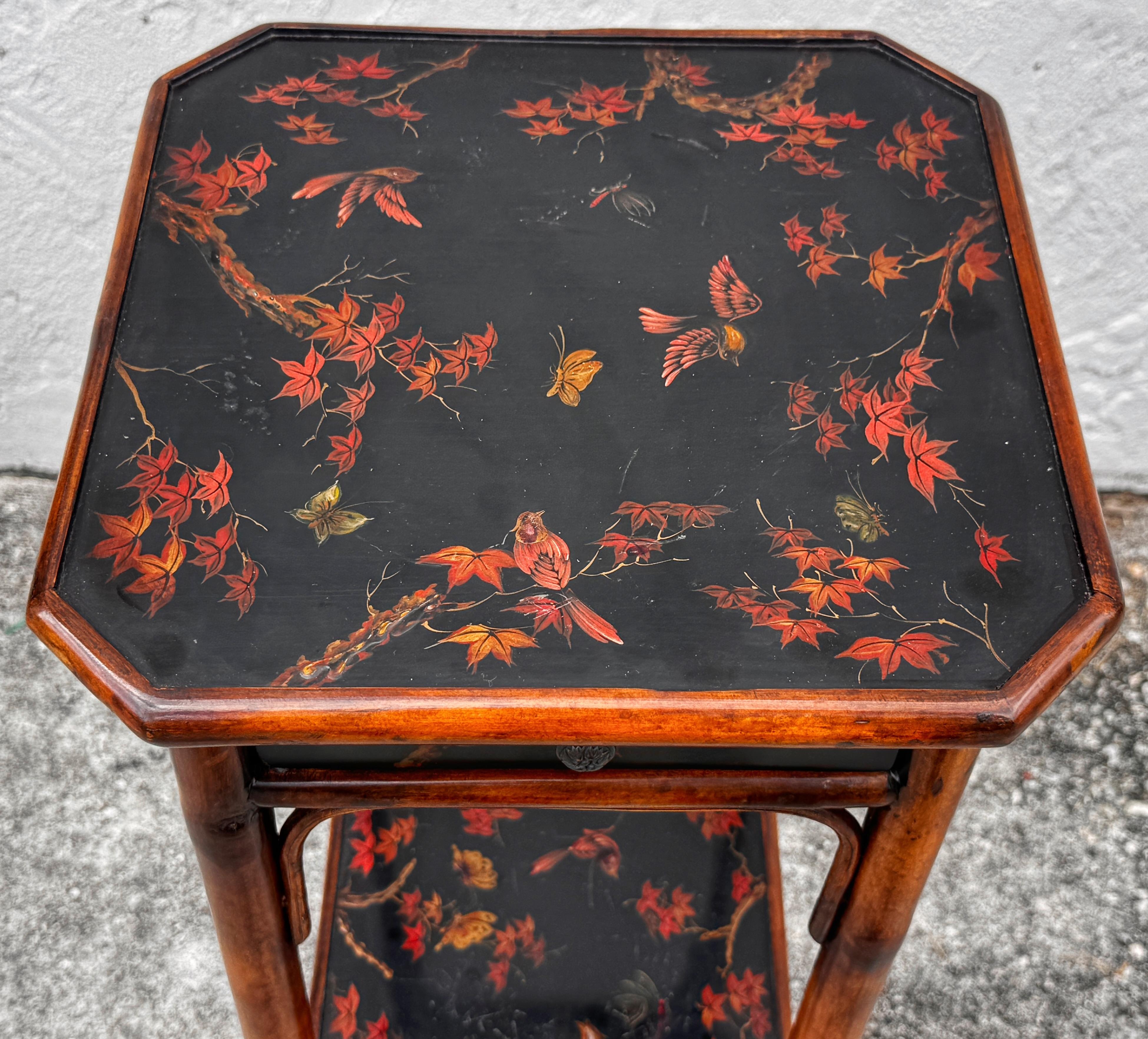 Polychromed Chinoiserie Lacquered Bamboo 3-Tier Pedestal & Drawer, Atrib. Theodore Alexander For Sale