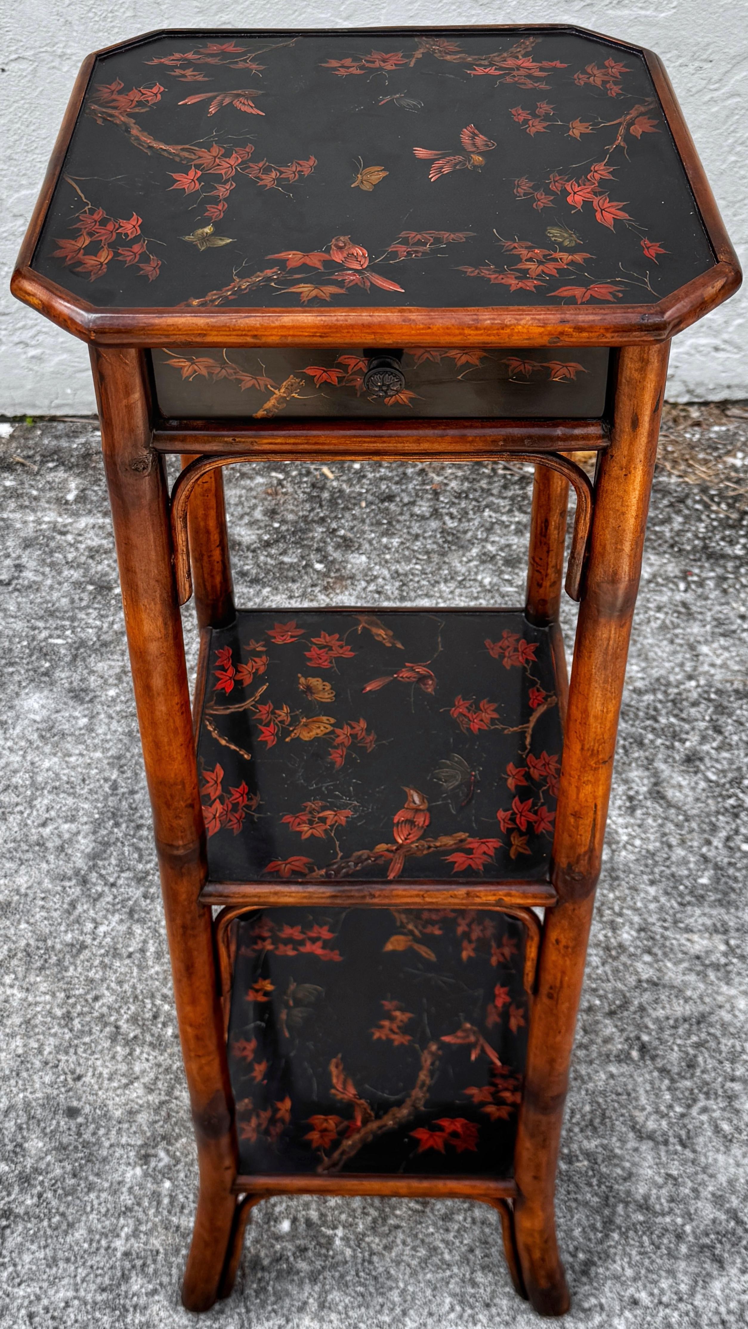 Chinoiserie Lacquered Bamboo 3-Tier Pedestal & Drawer, Atrib. Theodore Alexander In Good Condition For Sale In West Palm Beach, FL