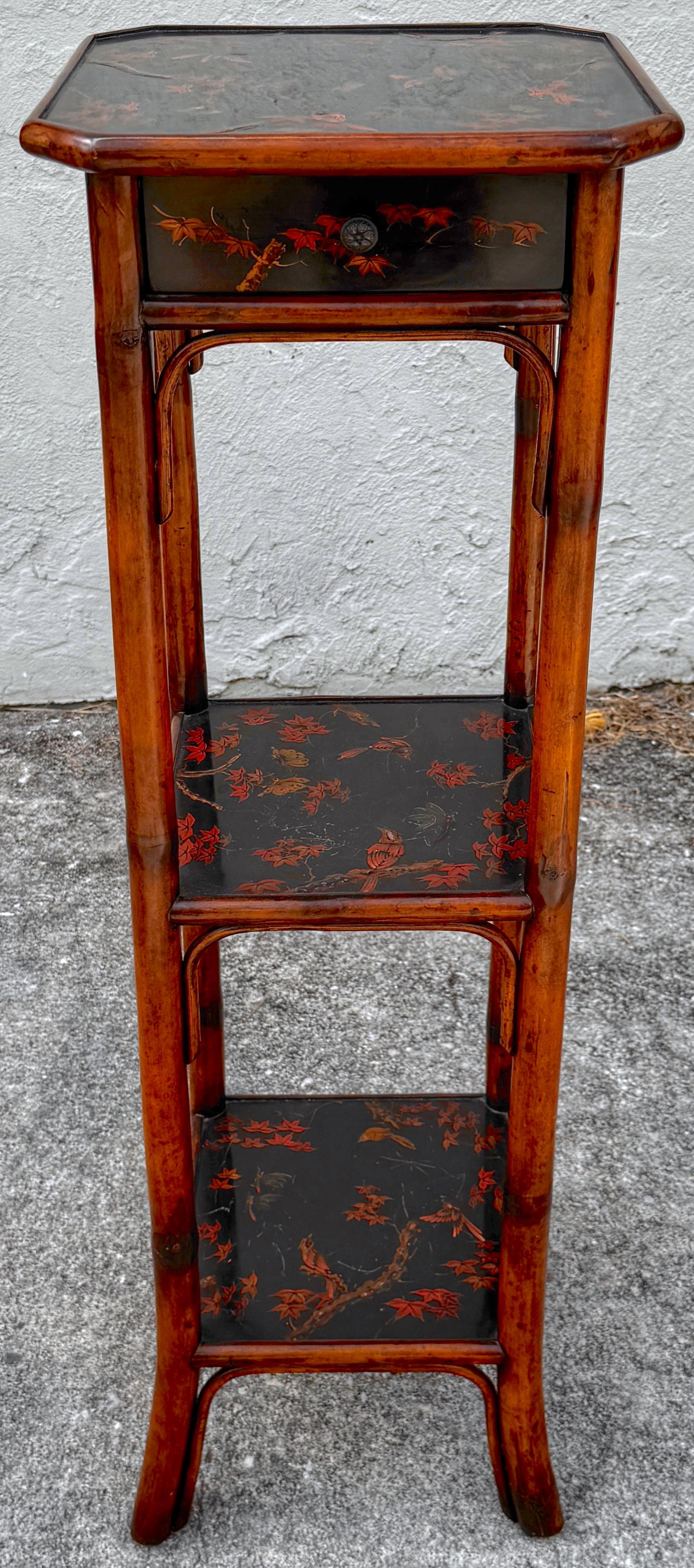 Chinoiserie Lacquered Bamboo 3-Tier Pedestal & Drawer, Atrib. Theodore Alexander For Sale 1