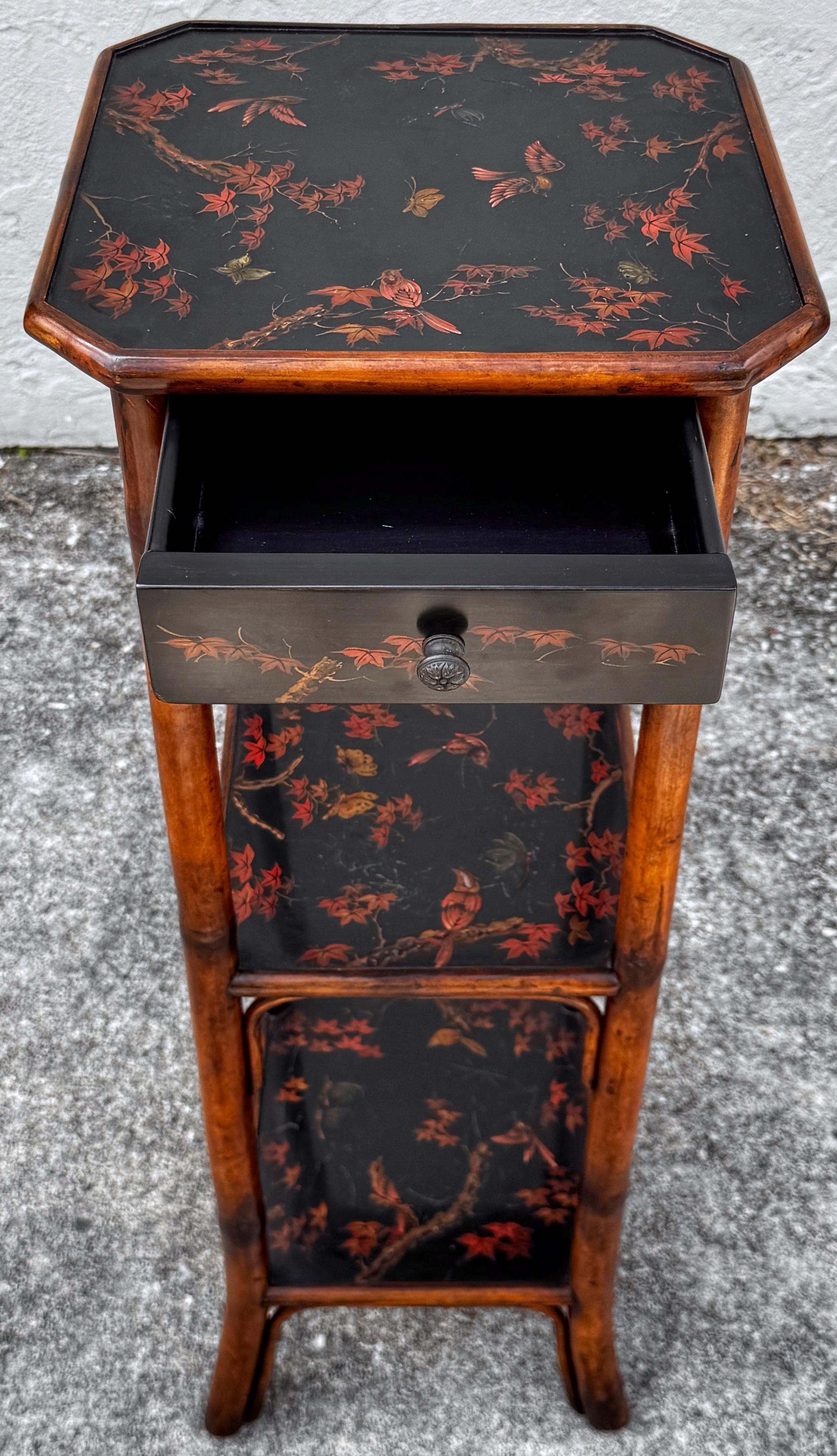 Chinoiserie Lacquered Bamboo 3-Tier Pedestal & Drawer, Atrib. Theodore Alexander For Sale 2