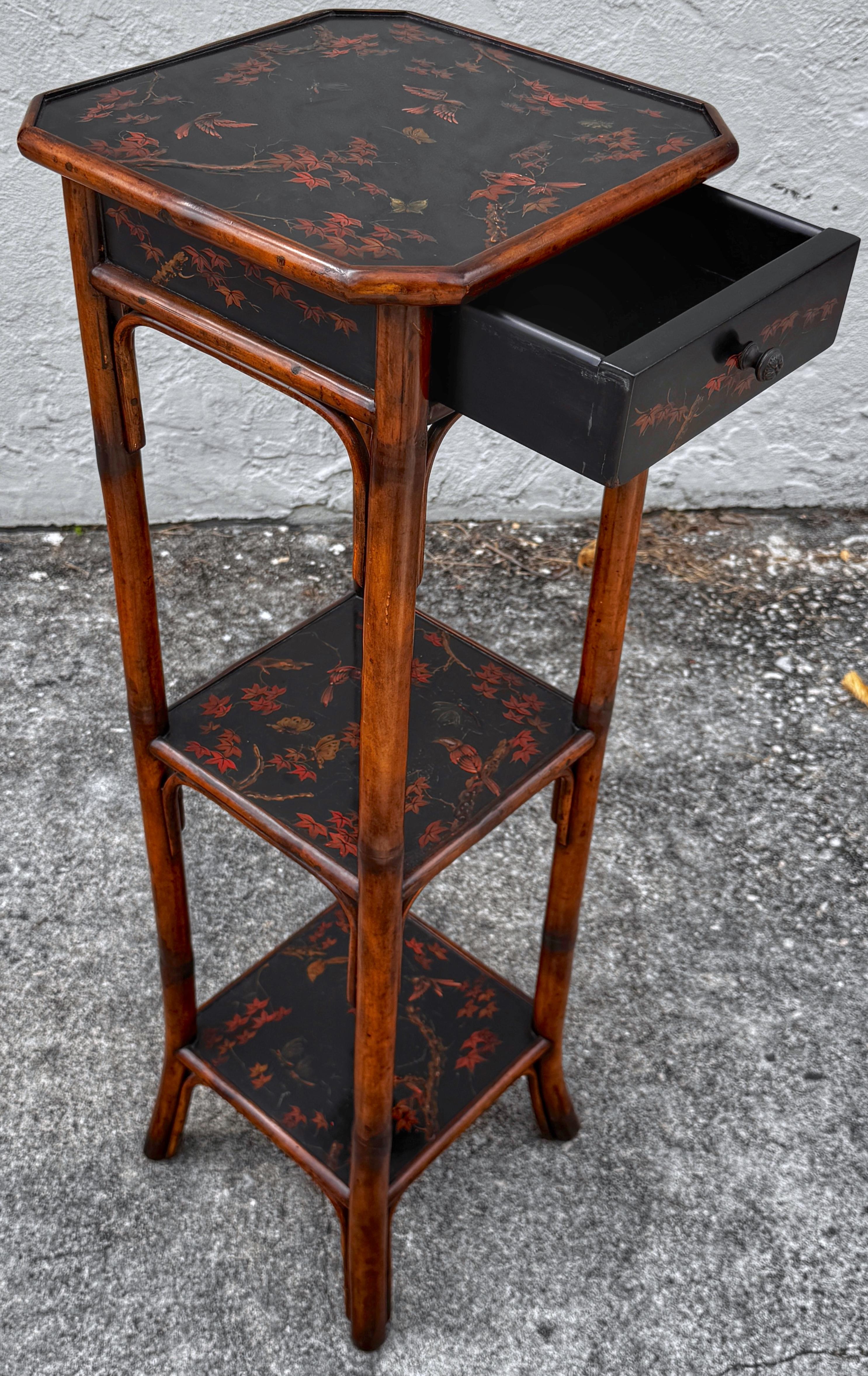 Chinoiserie Lacquered Bamboo 3-Tier Pedestal & Drawer, Atrib. Theodore Alexander For Sale 3