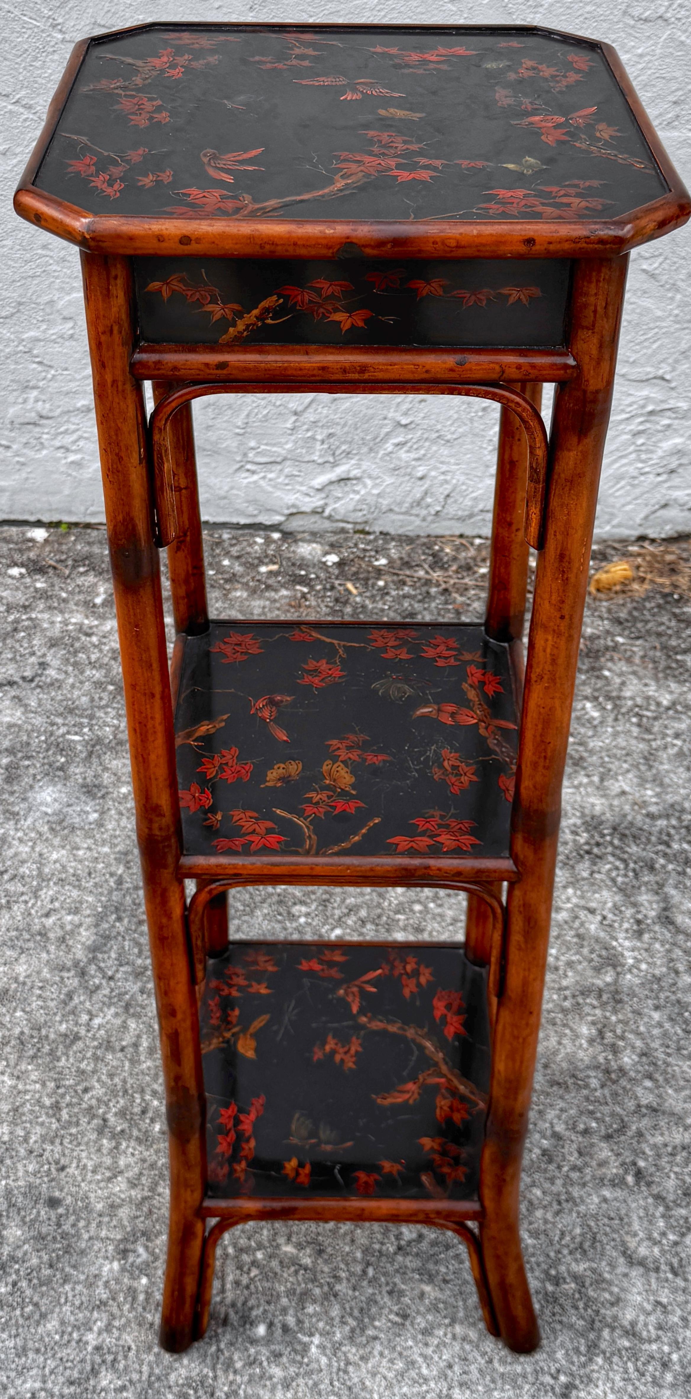 Chinoiserie Lacquered Bamboo 3-Tier Pedestal & Drawer, Atrib. Theodore Alexander For Sale 4